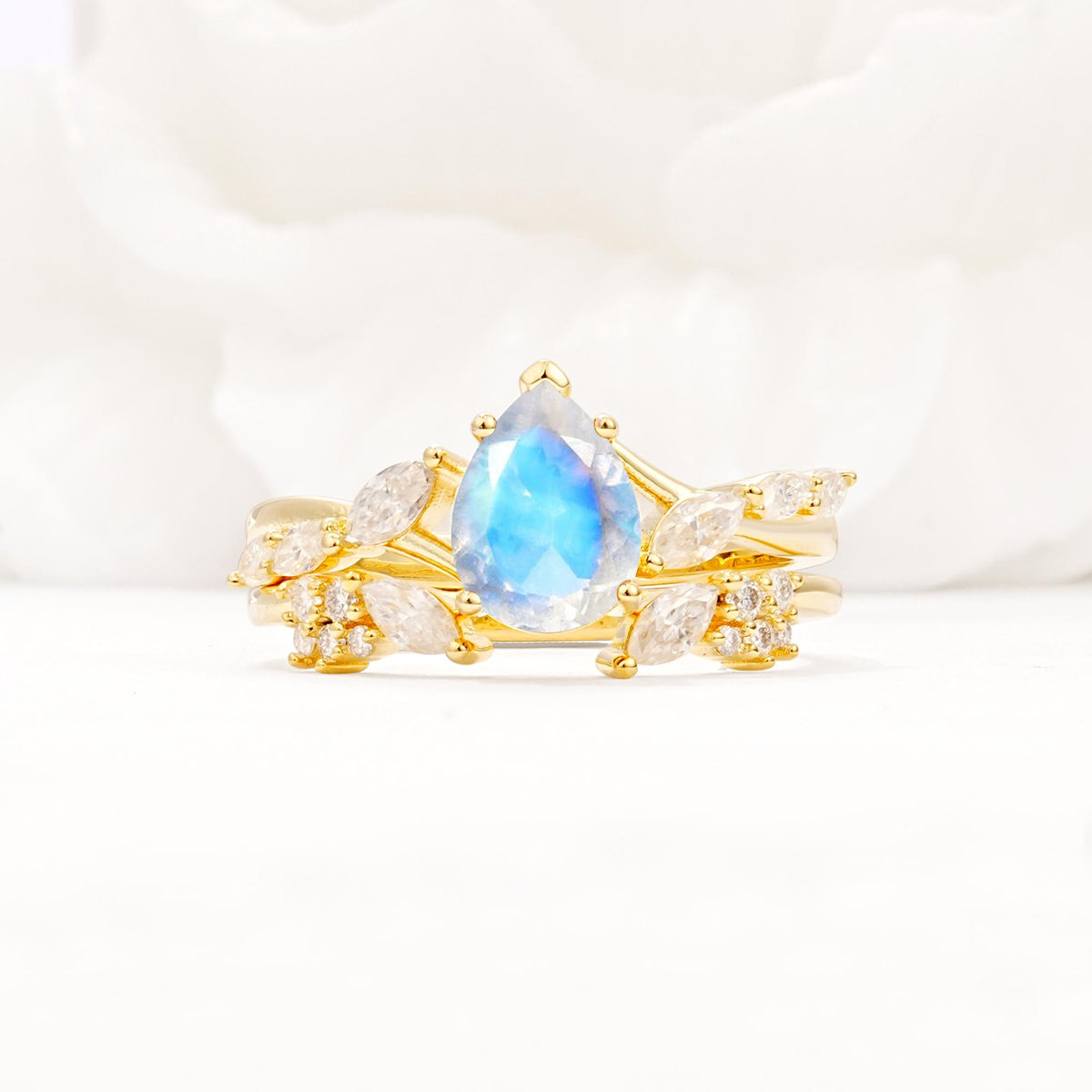 Nature-Inspired Pear Cut Moonstone Engagement Ring Set with Marquise Leaf - Yellow-Gold