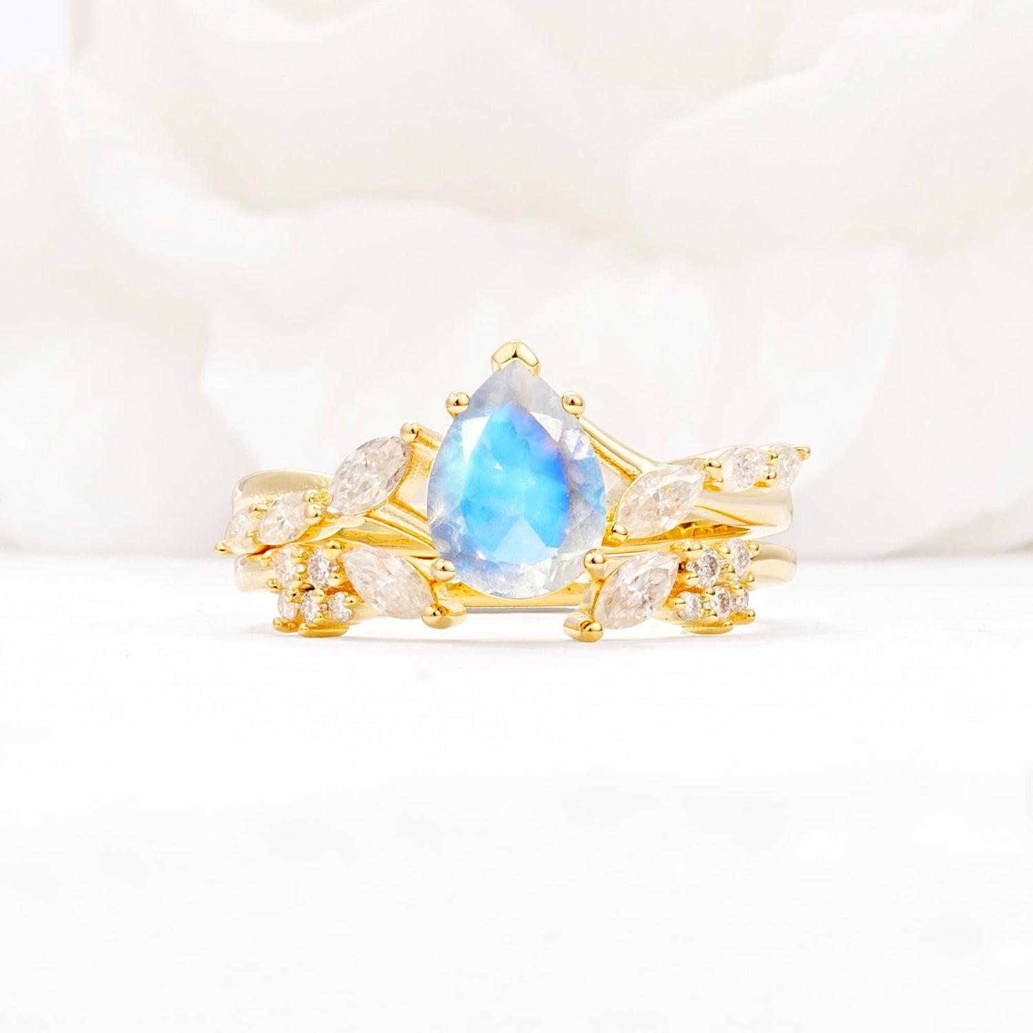 Nature-Inspired Pear Cut Moonstone Engagement Ring Set with Marquise Leaf - Yellow-Gold