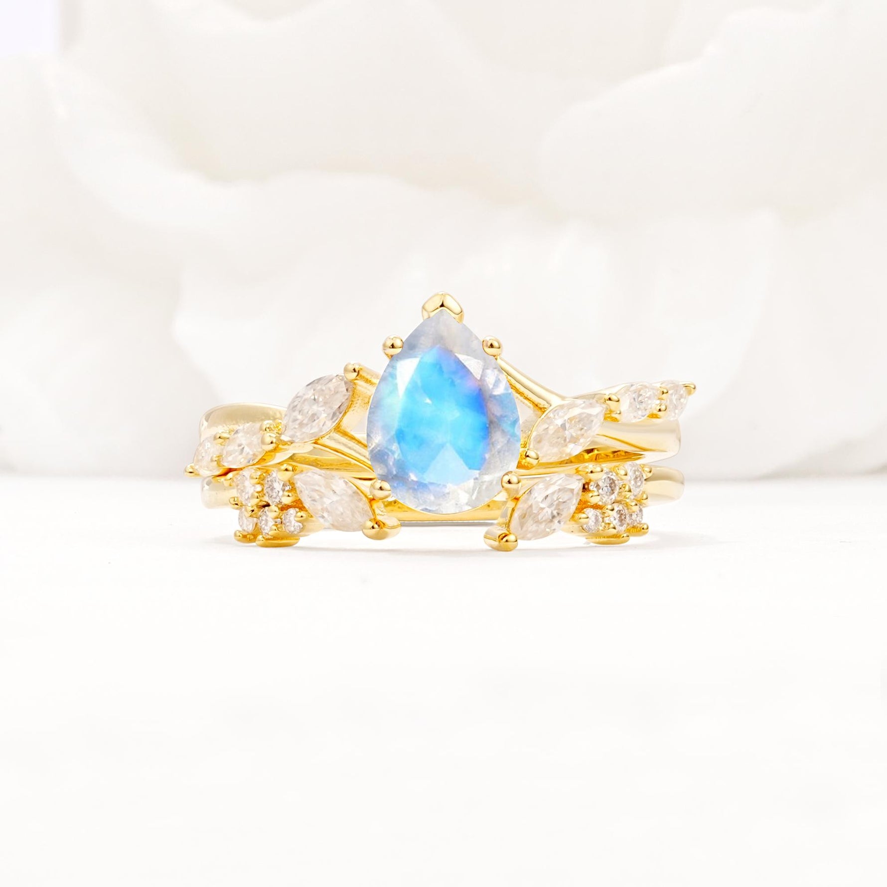 Nature-Inspired Pear Cut Moonstone Engagement Ring Set with Marquise Leaf - Yellow-Gold