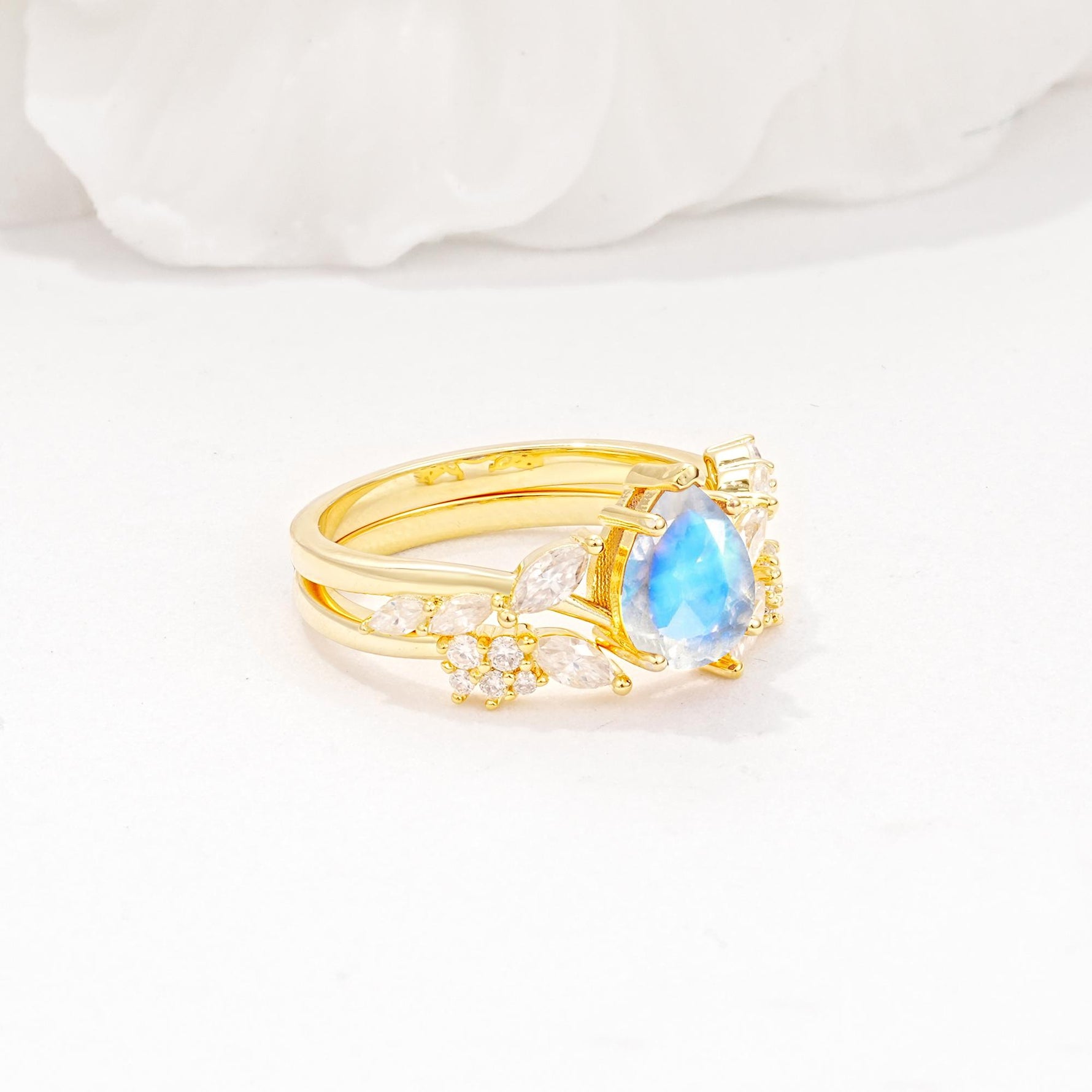Nature-Inspired Pear Cut Moonstone Engagement Ring Set with Marquise Leaf - Rose-Gold