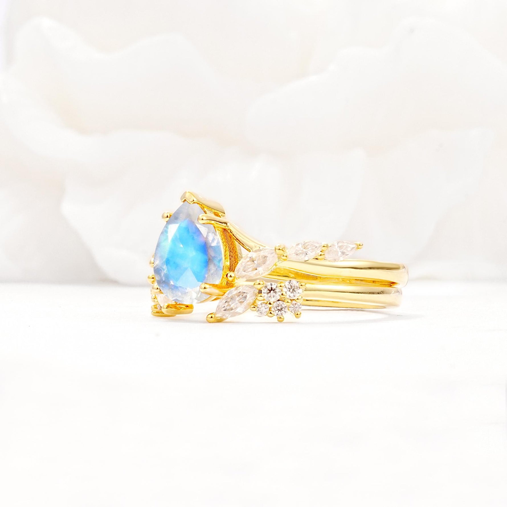 Nature-Inspired Pear Cut Moonstone Engagement Ring Set with Marquise Leaf - White-Gold