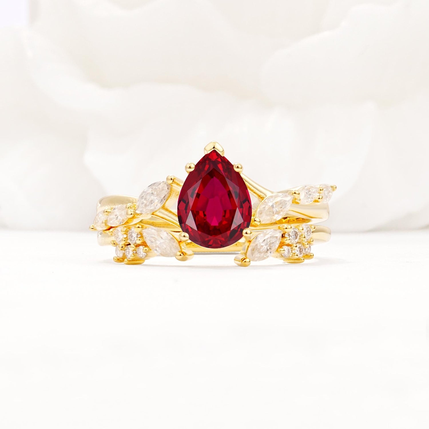 Nature-Inspired Pear Cut Ruby Engagement Ring Set with Marquise Leaf - Yellow-Gold