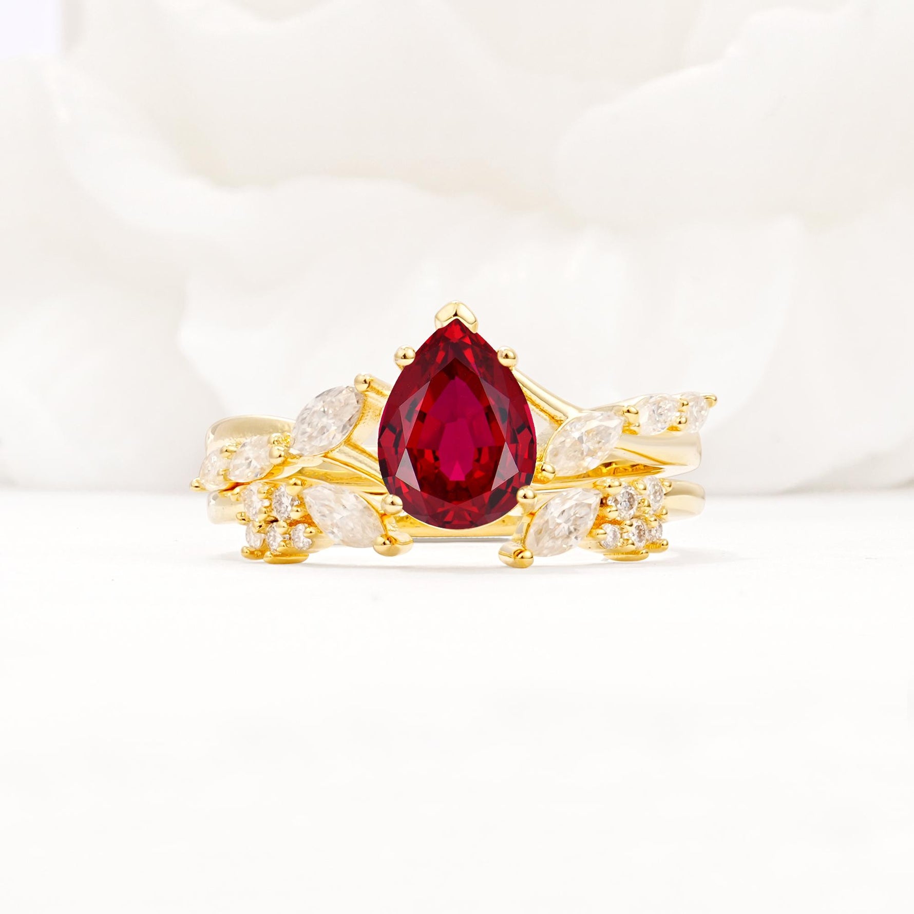 Nature-Inspired Pear Cut Ruby Engagement Ring Set with Marquise Leaf - Yellow-Gold