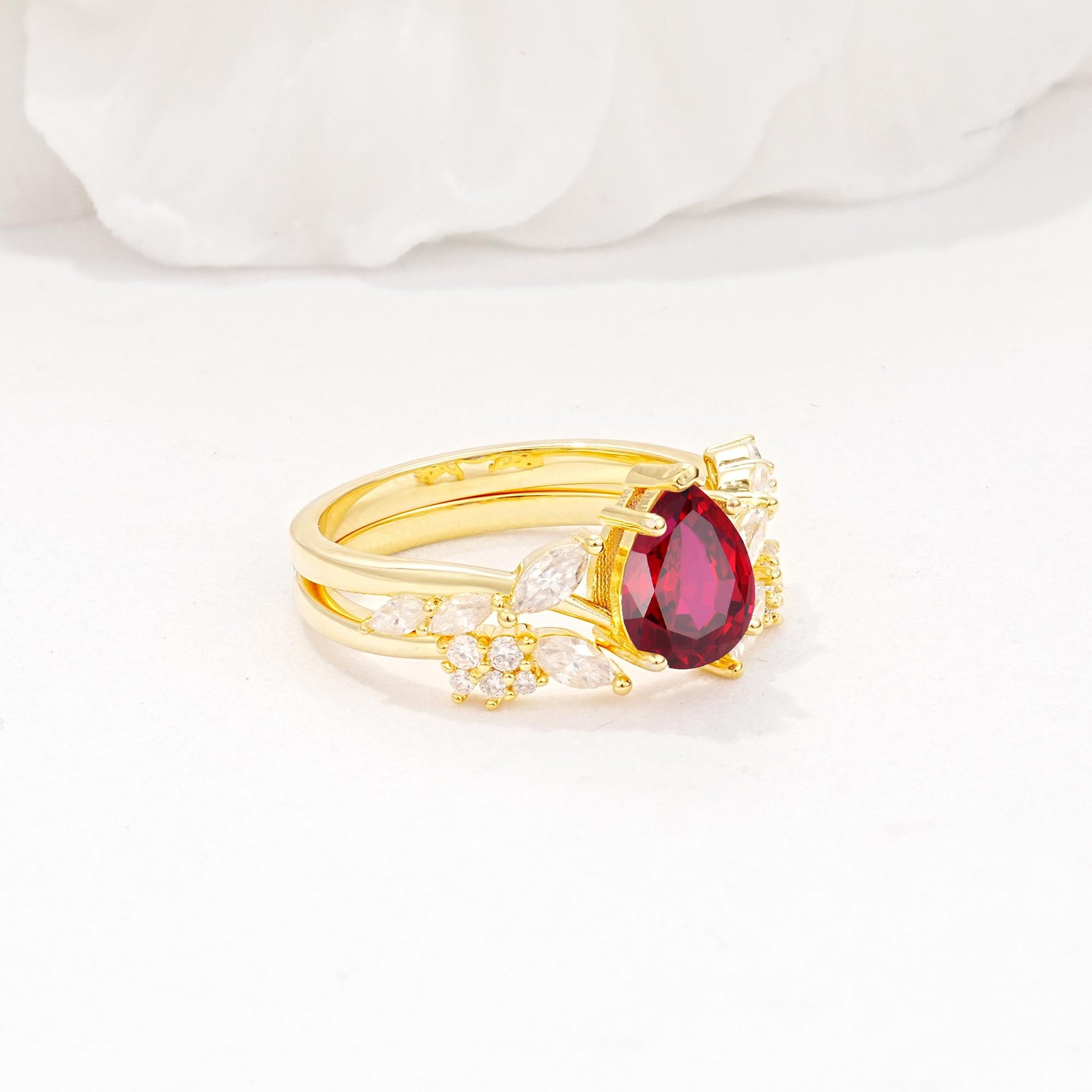 Nature-Inspired Pear Cut Ruby Engagement Ring Set with Marquise Leaf - Rose-Gold