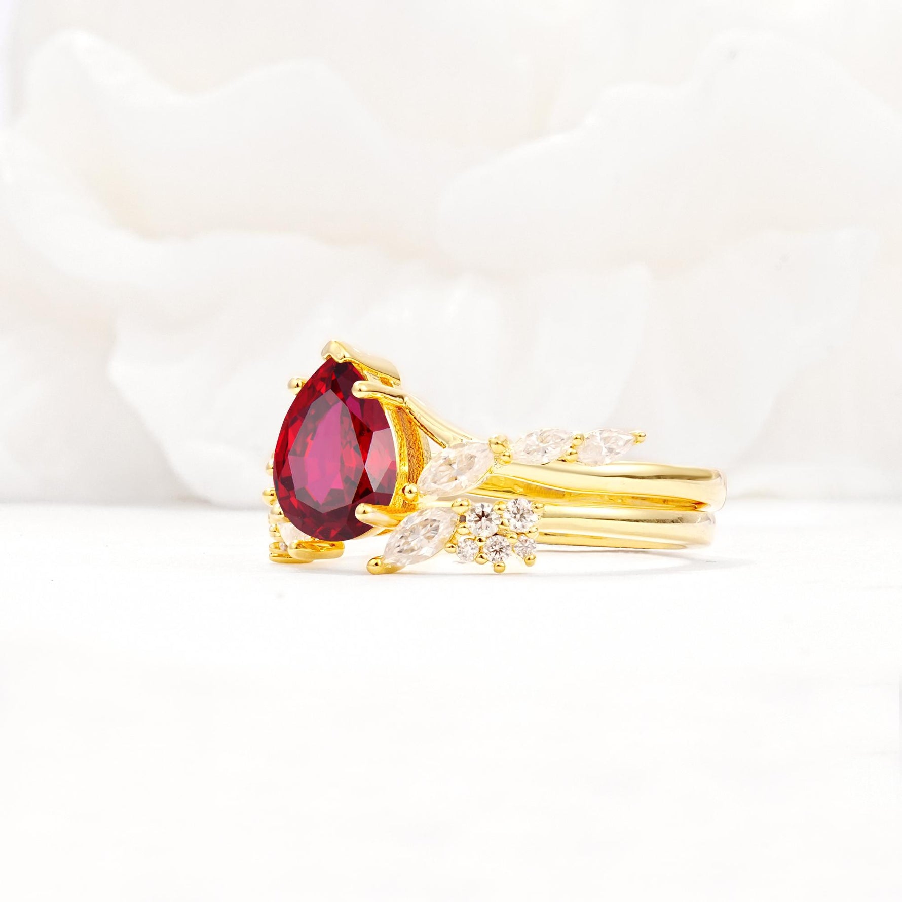 Nature-Inspired Pear Cut Ruby Engagement Ring Set with Marquise Leaf - White-Gold