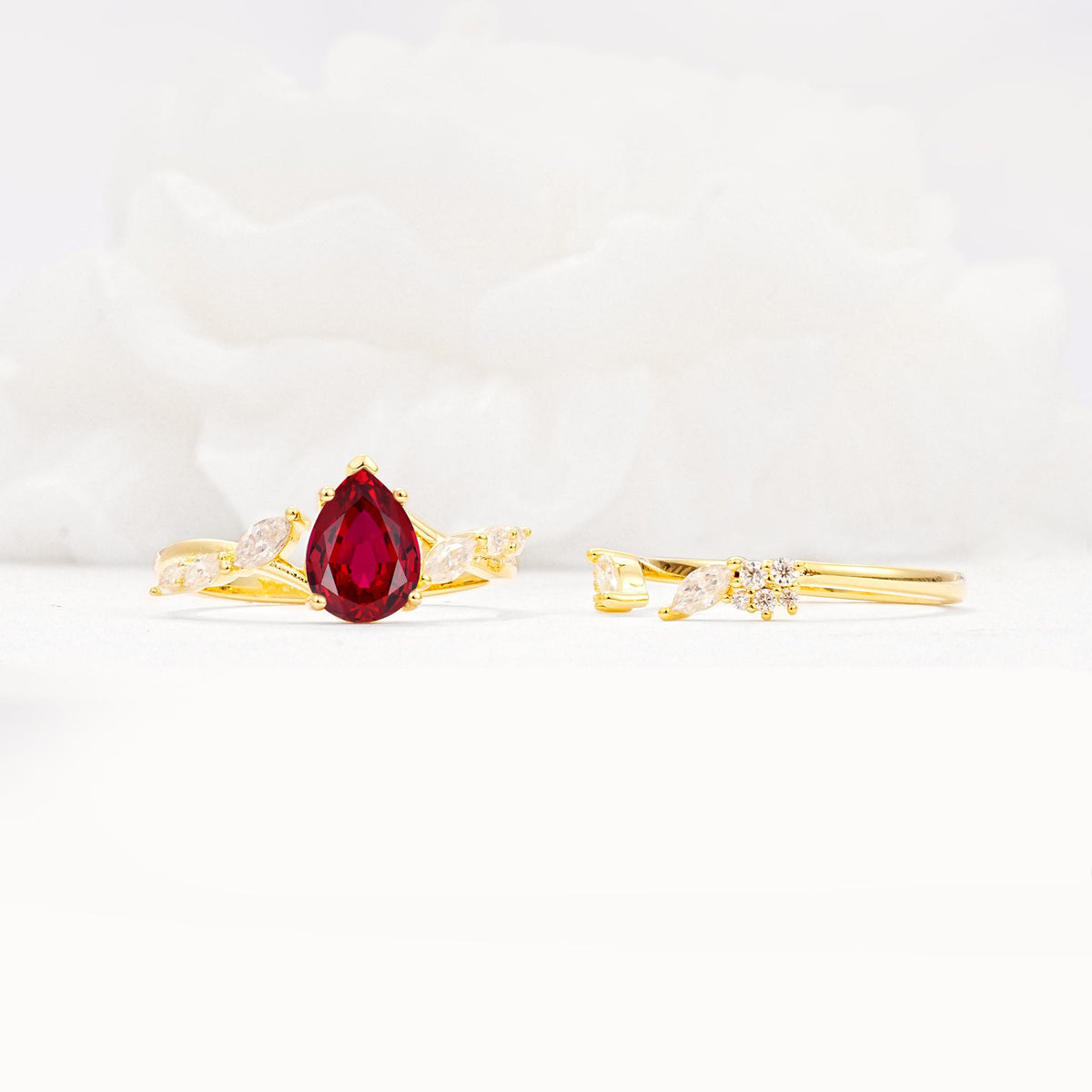 Nature-Inspired Pear Cut Ruby Engagement Ring Set with Marquise Leaf - Additional view