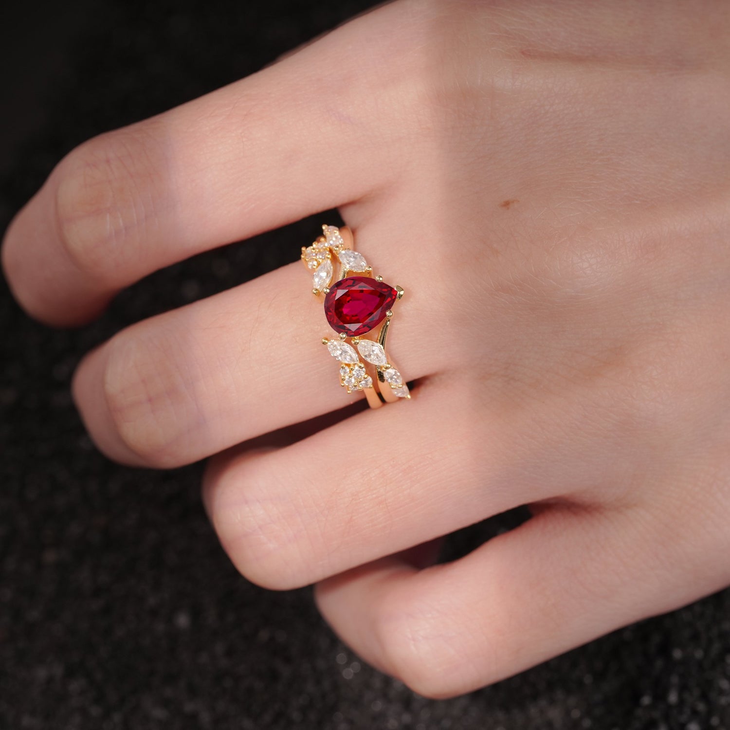 Nature-Inspired Pear Cut Ruby Engagement Ring Set with Marquise Leaf
