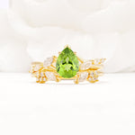 Nature-Inspired Pear Cut Peridot Engagement Ring Set with Marquise Leaf - Yellow-Gold