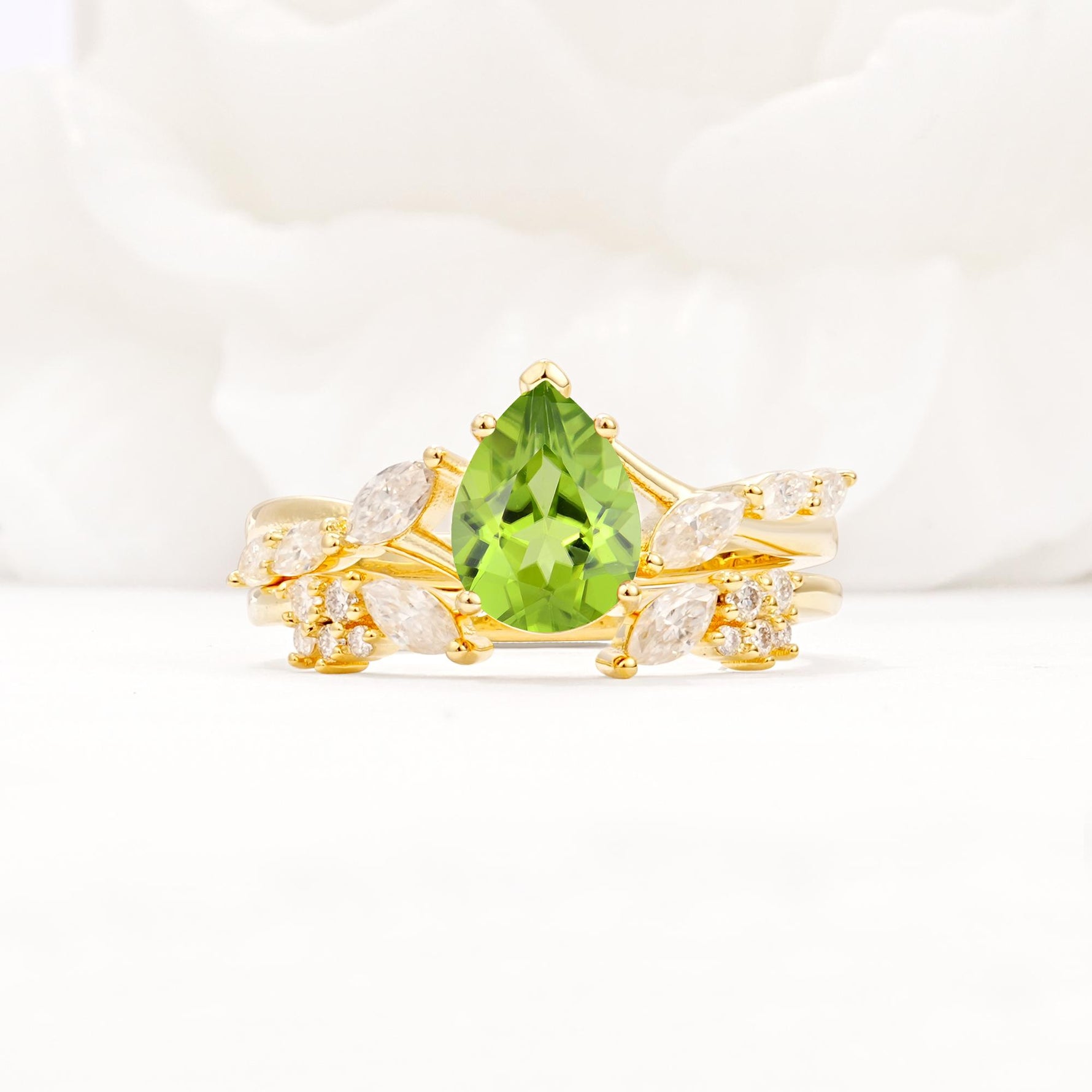 Nature-Inspired Pear Cut Peridot Engagement Ring Set with Marquise Leaf - Yellow-Gold
