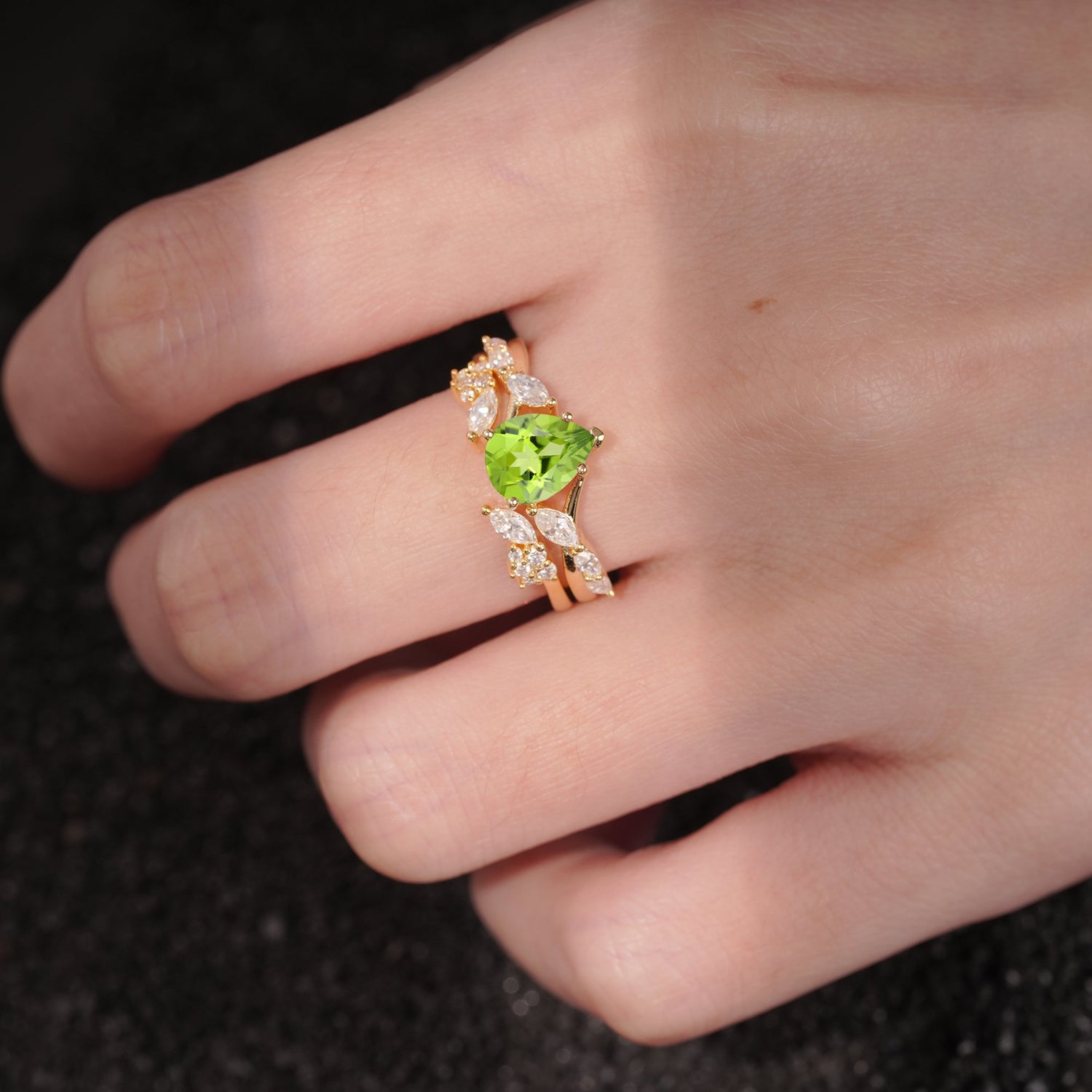 Nature-Inspired Pear Cut Peridot Engagement Ring Set with Marquise Leaf