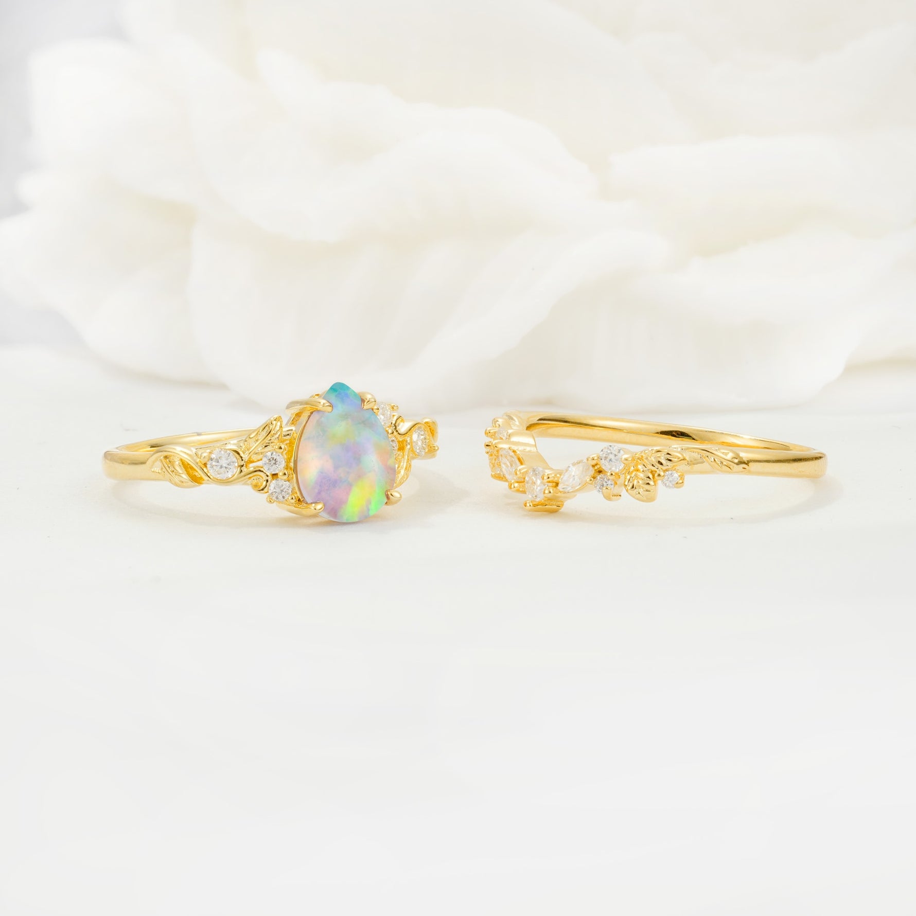 Vintage Pear Cut Fire Opal Bridal Ring Set - White-Gold