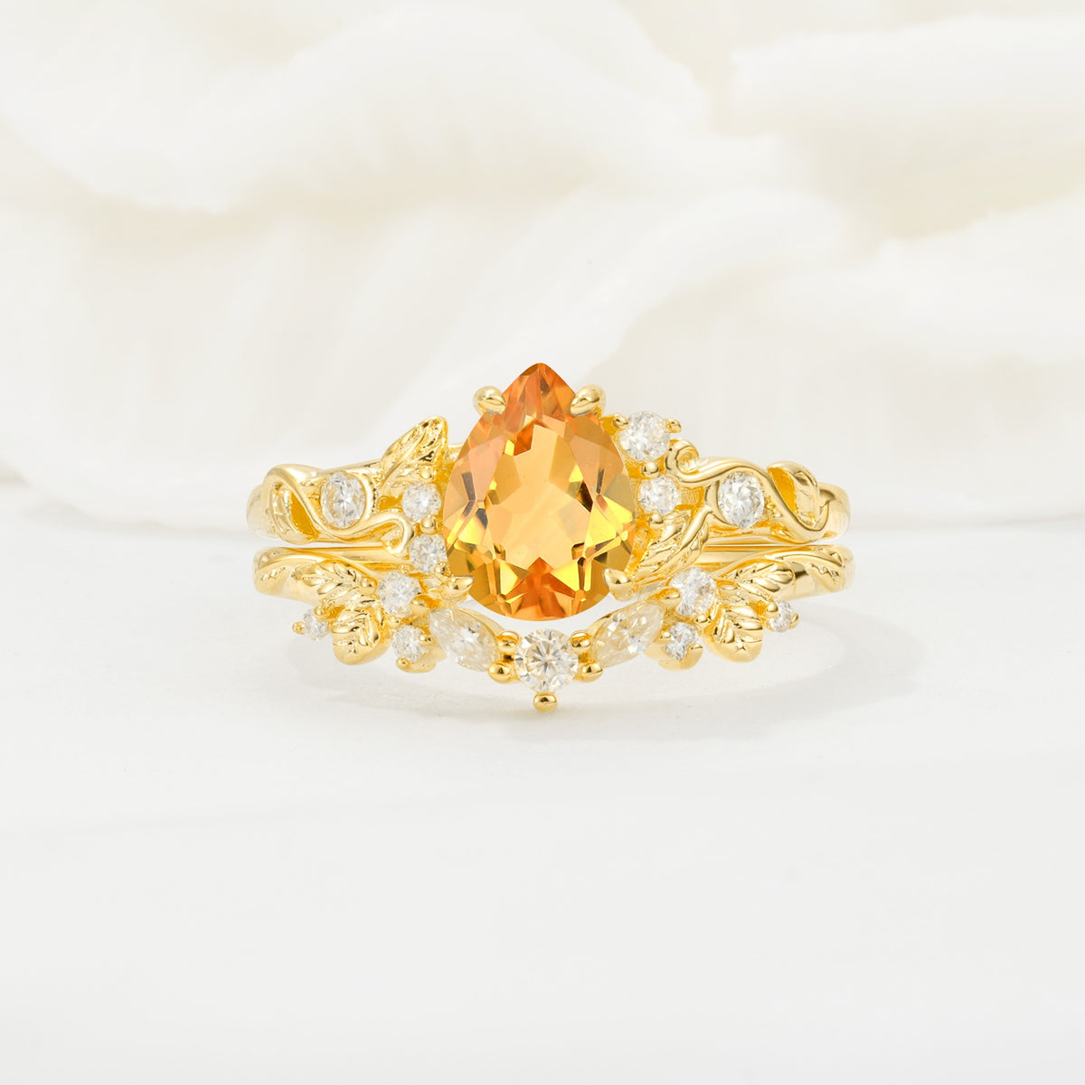 Vintage Pear Cut Citrine Bridal Ring Set - Yellow-Gold