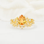 Vintage Pear Cut Citrine Bridal Ring Set - Yellow-Gold