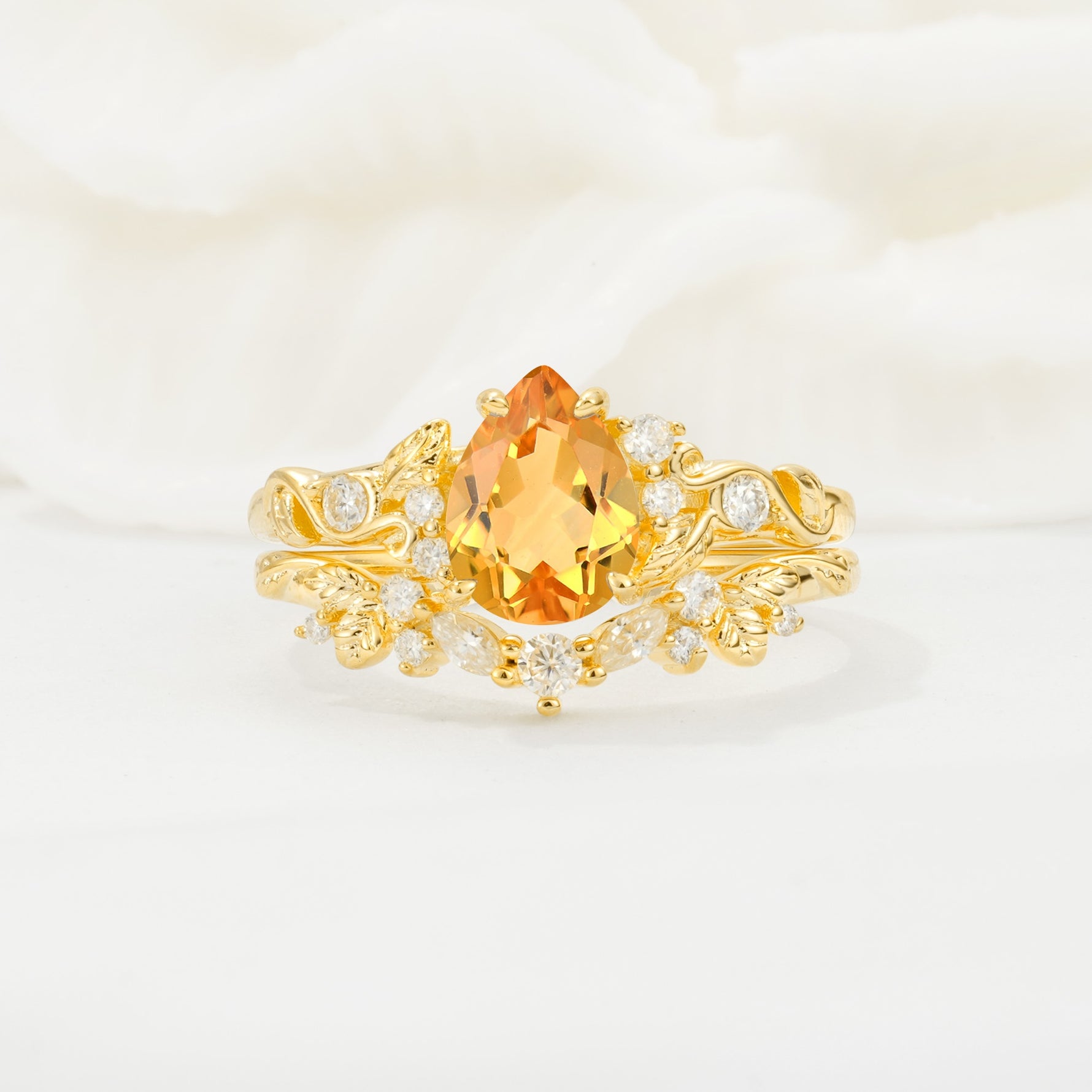 Vintage Pear Cut Citrine Bridal Ring Set - Yellow-Gold
