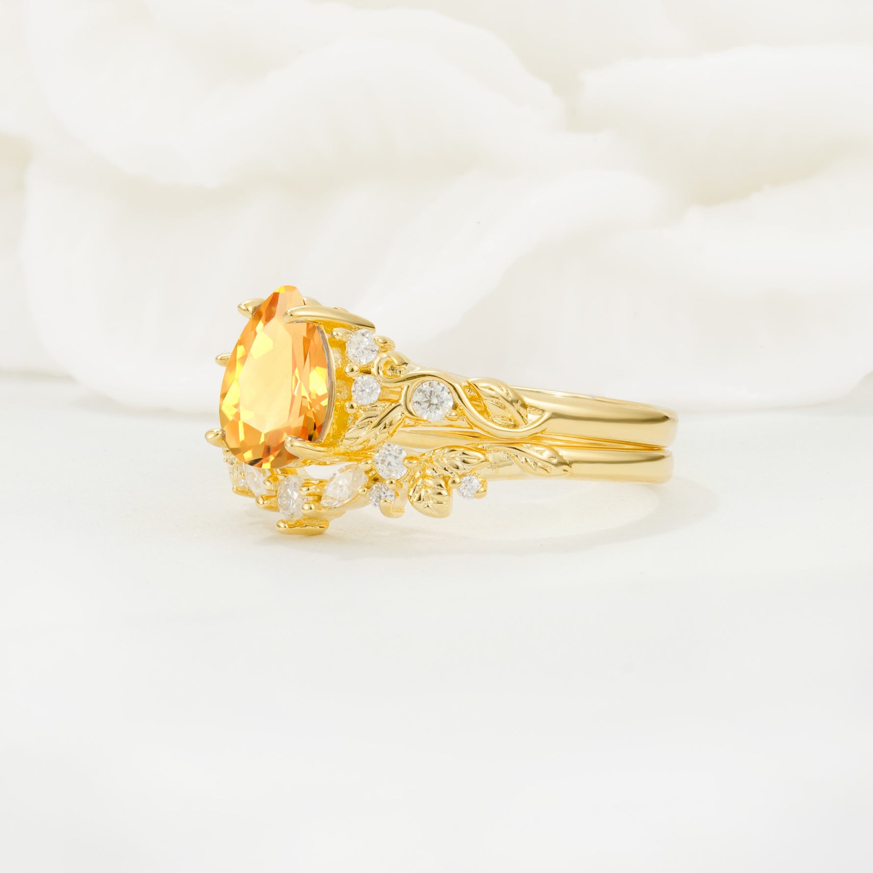 Vintage Pear Cut Citrine Bridal Ring Set - Rose-Gold