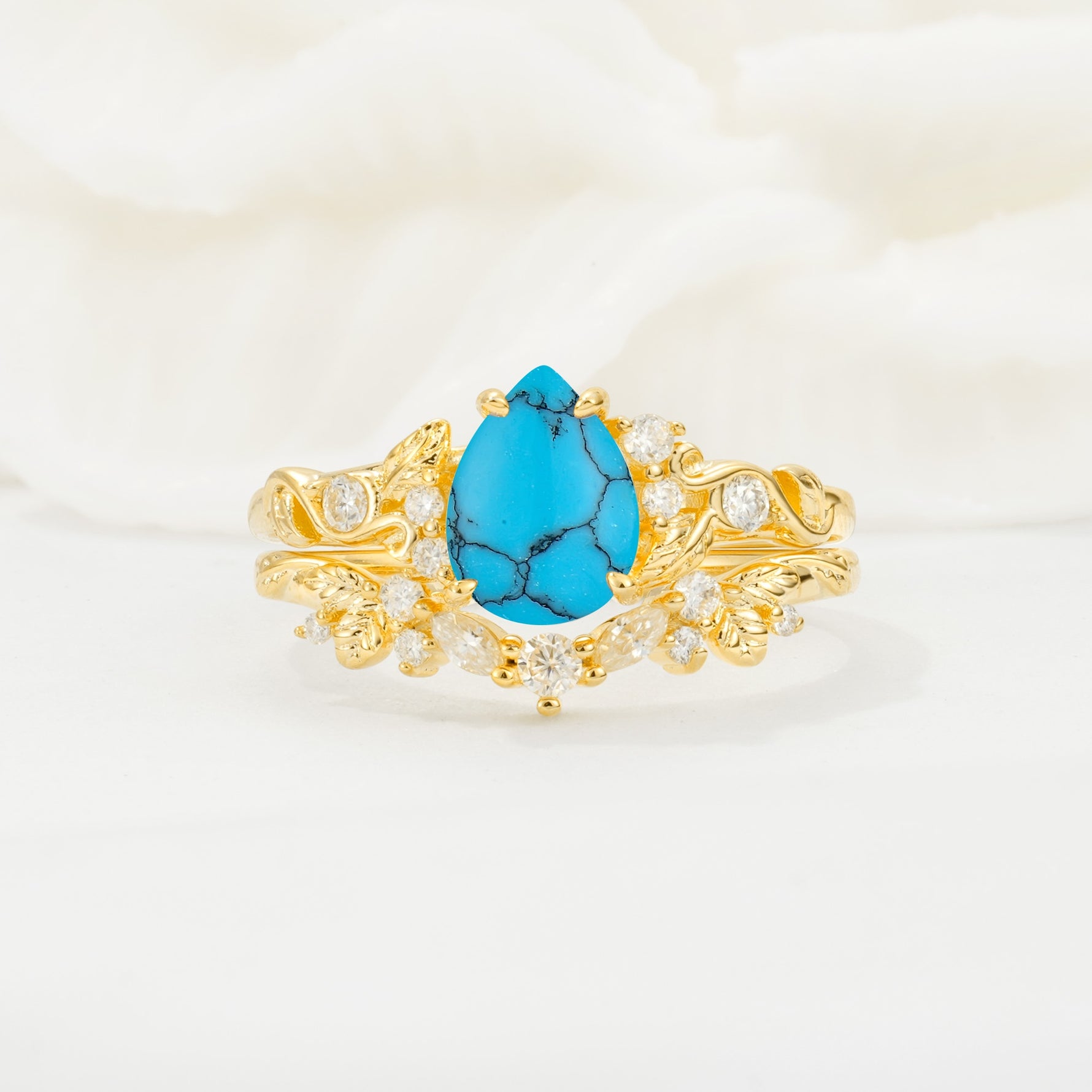 Vintage Pear Cut Turquoise Bridal Ring Set - Yellow-Gold
