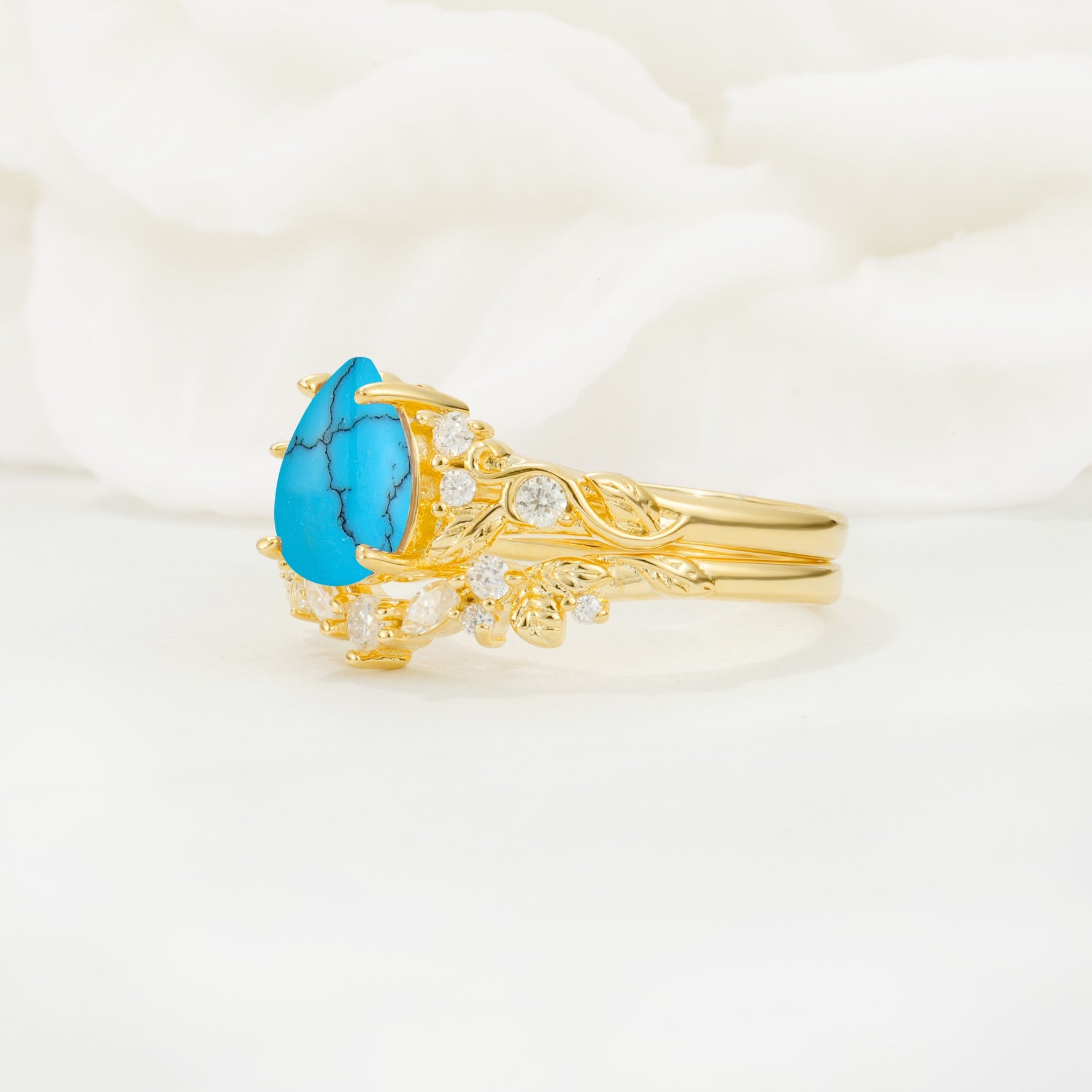 Vintage Pear Cut Turquoise Bridal Ring Set - Rose-Gold