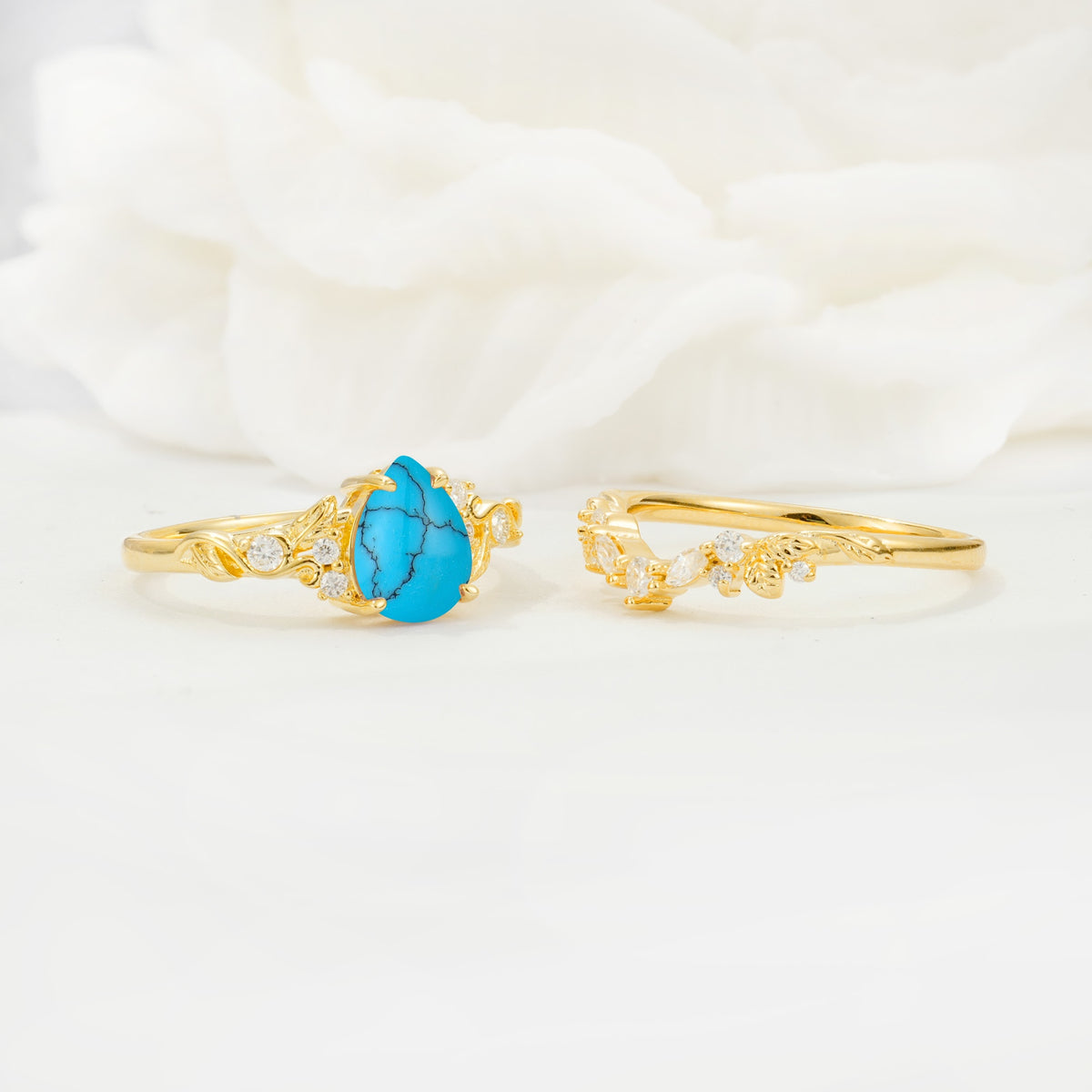 Vintage Pear Cut Turquoise Bridal Ring Set - White-Gold