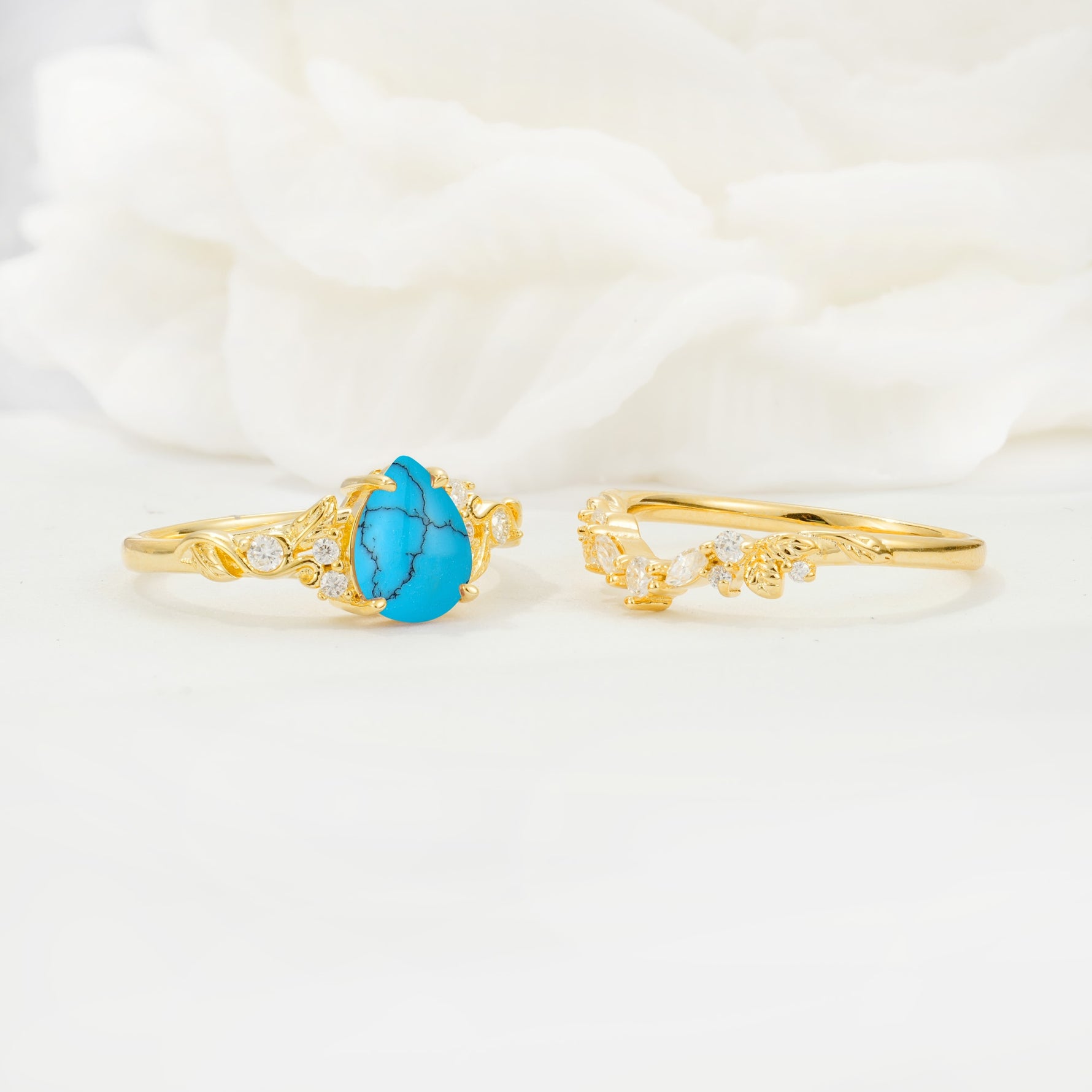 Vintage Pear Cut Turquoise Bridal Ring Set - White-Gold