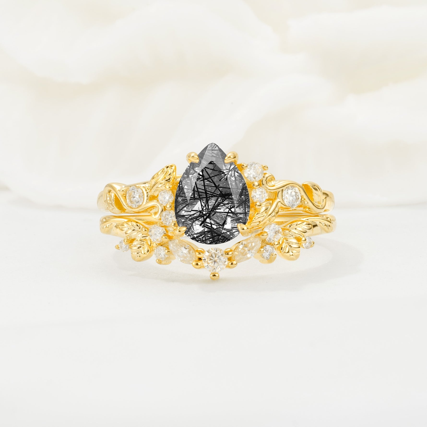 Vintage Pear Cut Black Rutilated Quartz Bridal Ring Set - Yellow-Gold