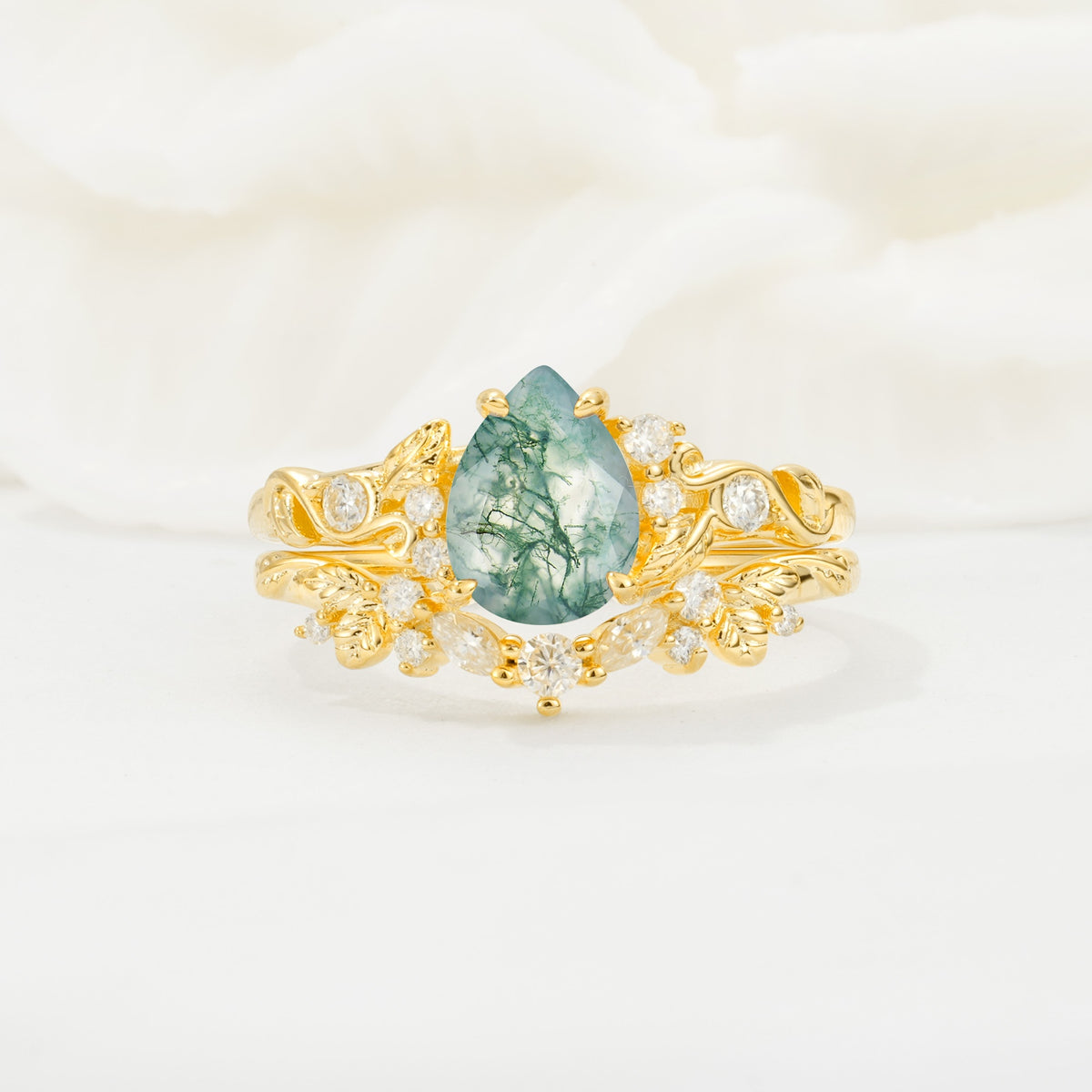 Vintage Pear Cut Moss Agate Bridal Ring Set - Yellow-Gold