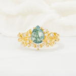 Vintage Pear Cut Moss Agate Bridal Ring Set - Yellow-Gold