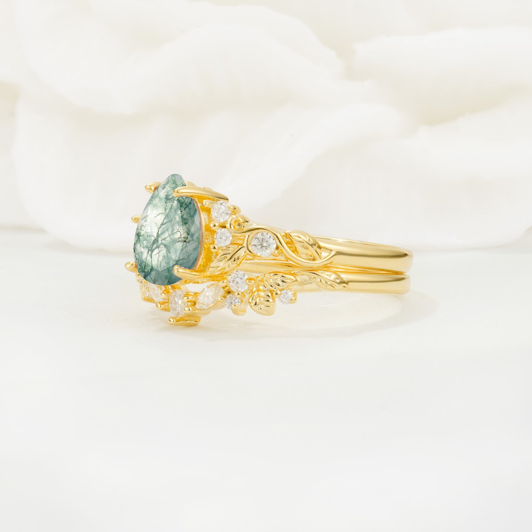 Vintage Pear Cut Moss Agate Bridal Ring Set - Rose-Gold