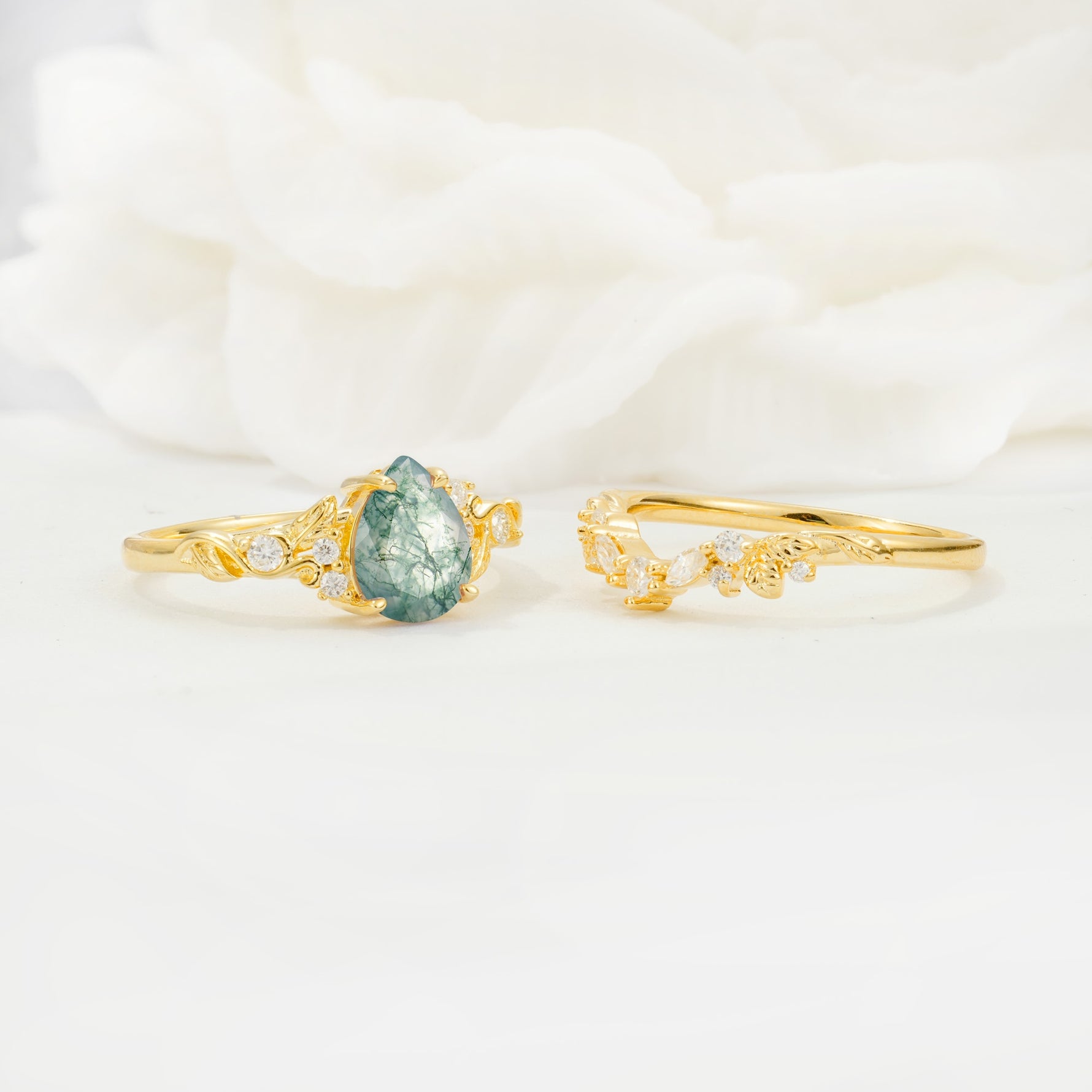 Vintage Pear Cut Moss Agate Bridal Ring Set - White-Gold