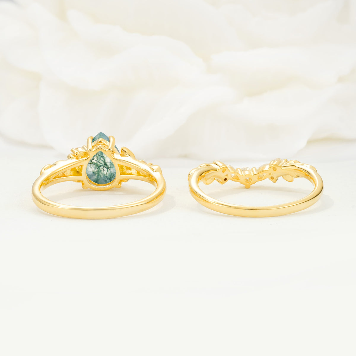 Vintage Pear Cut Moss Agate Bridal Ring Set - Additional view