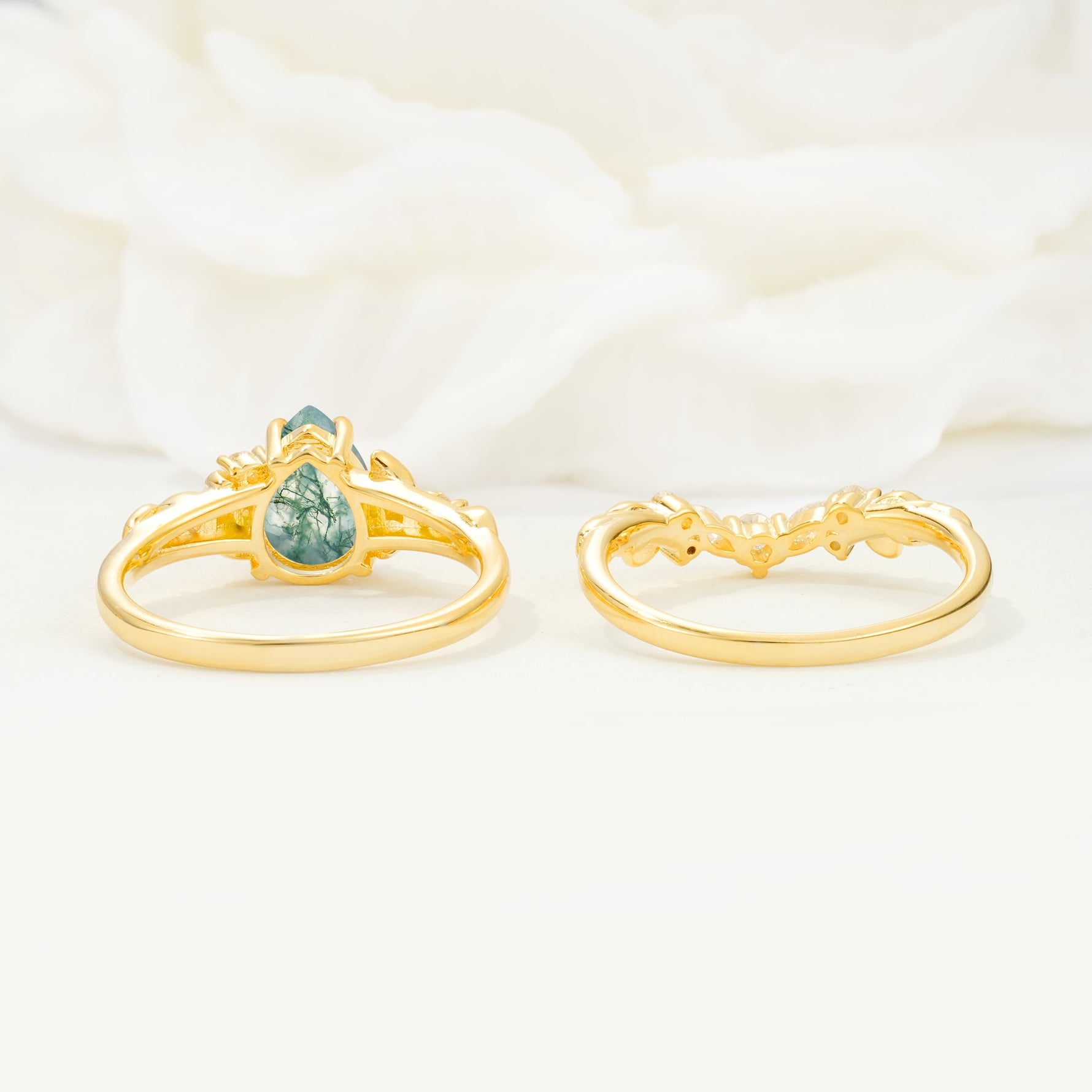 Vintage Pear Cut Moss Agate Bridal Ring Set - Additional view
