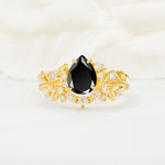 Vintage Pear Cut Black Onyx Bridal Ring Set - Yellow-Gold