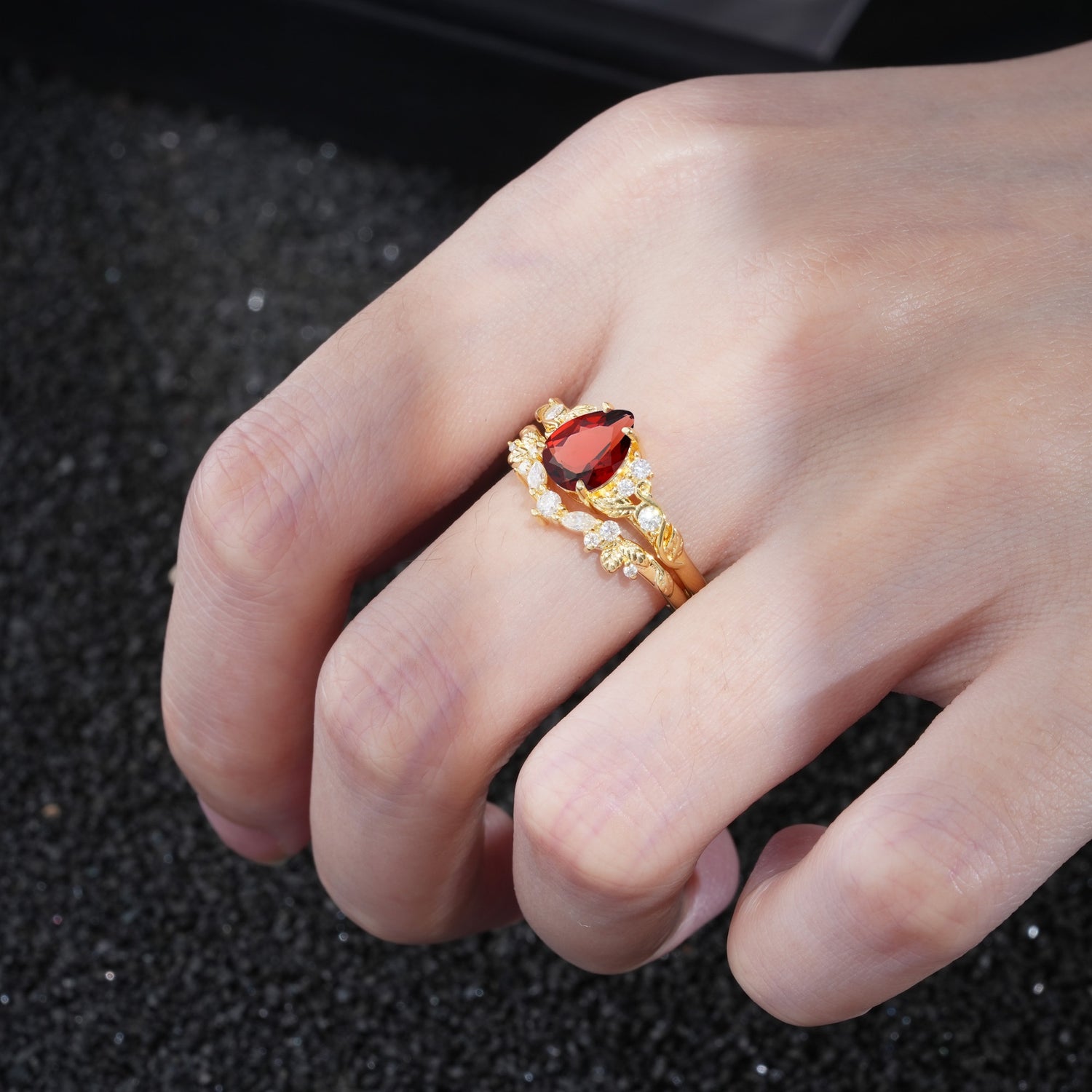 Vintage Pear Cut Garnet Bridal Ring Set - Additional view