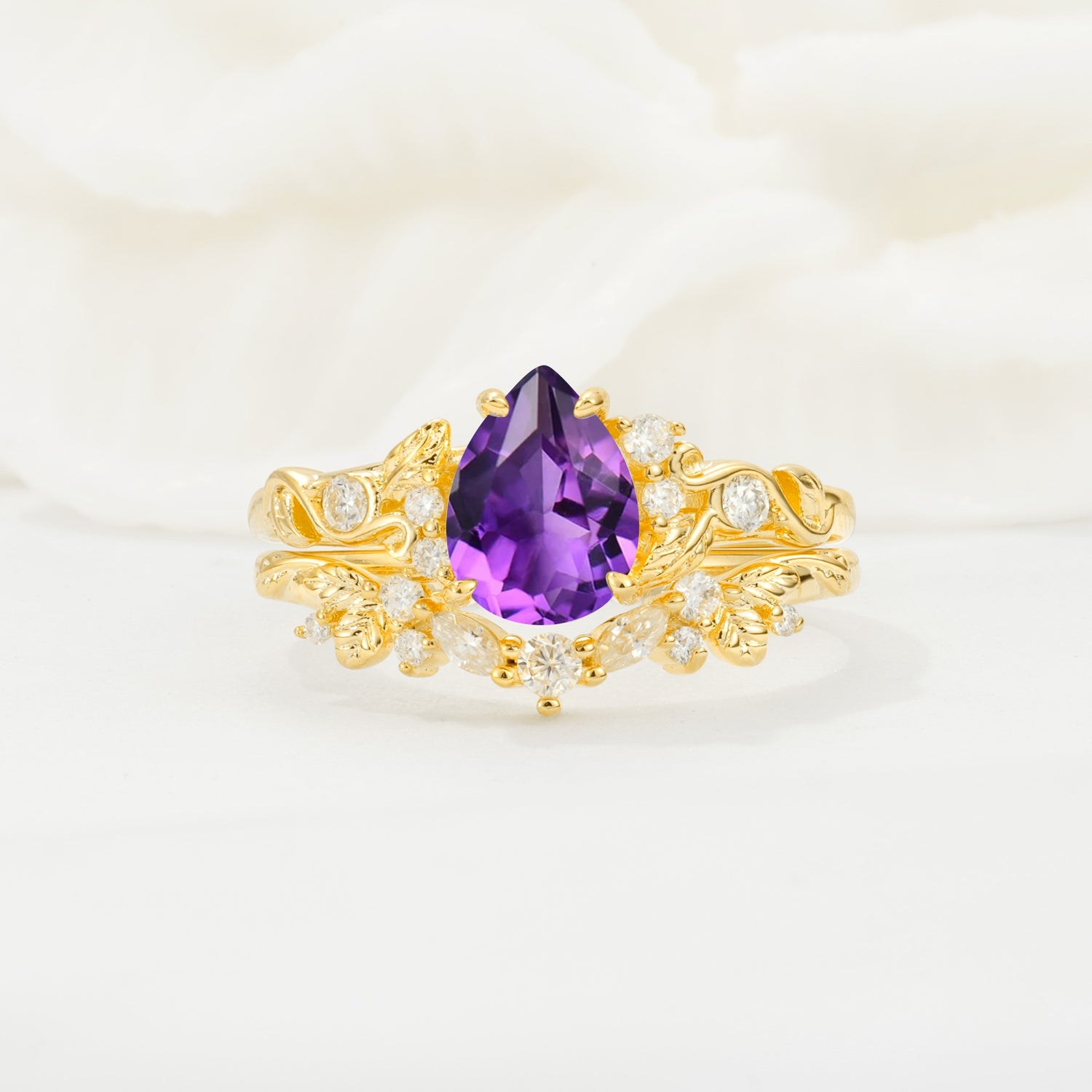Vintage Pear Cut Amethyst Bridal Ring Set - Yellow-Gold
