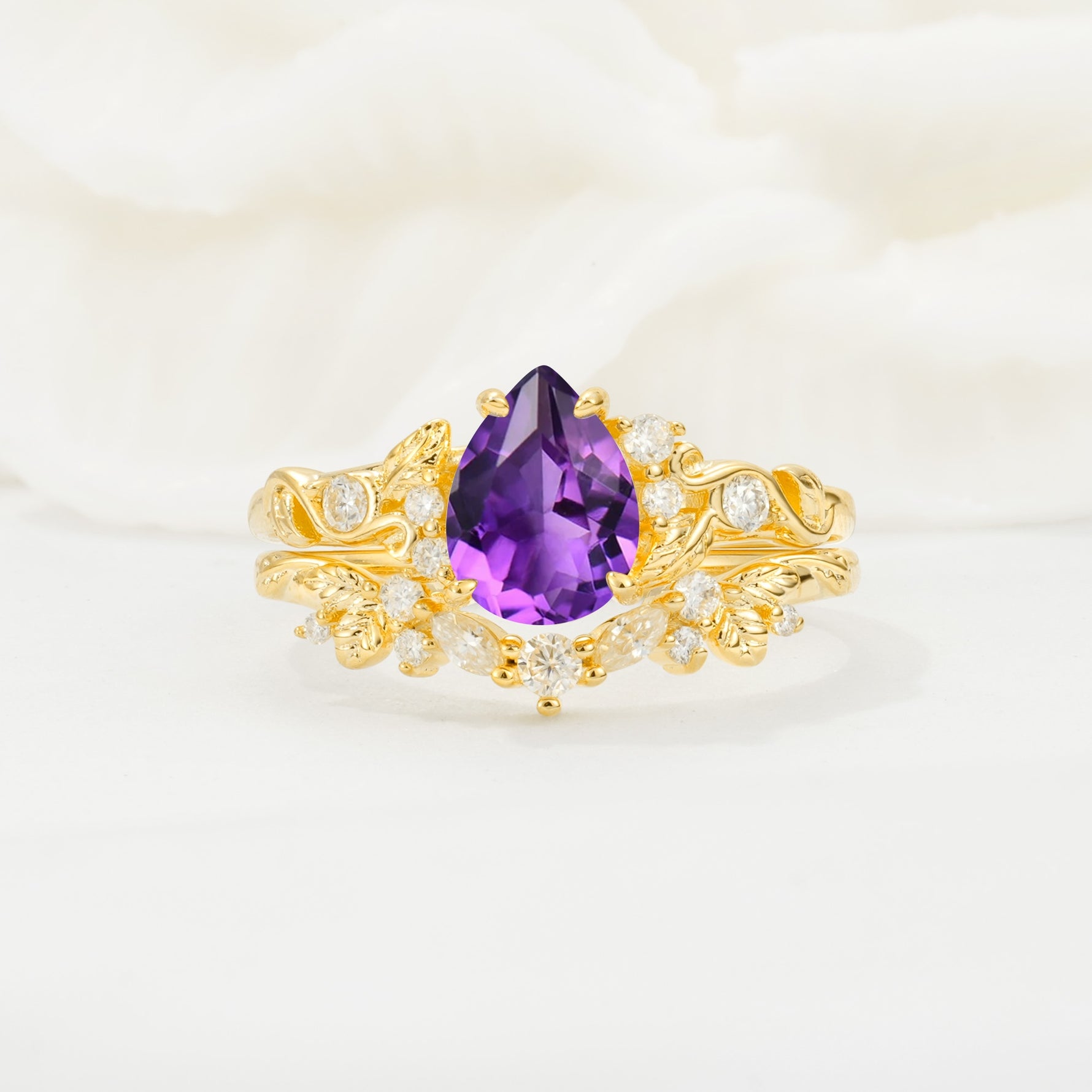 Vintage Pear Cut Amethyst Bridal Ring Set - Yellow-Gold