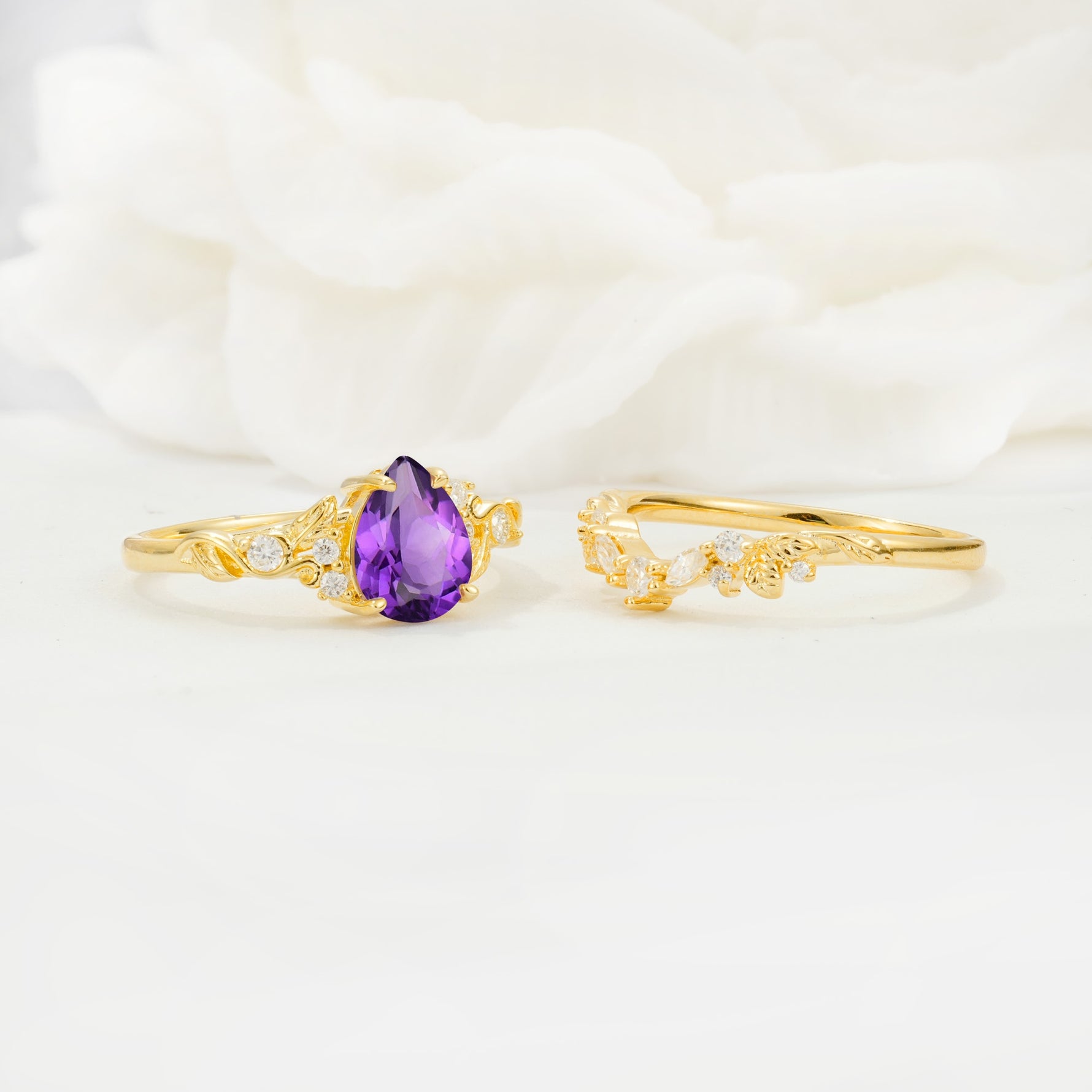 Vintage Pear Cut Amethyst Bridal Ring Set - White-Gold