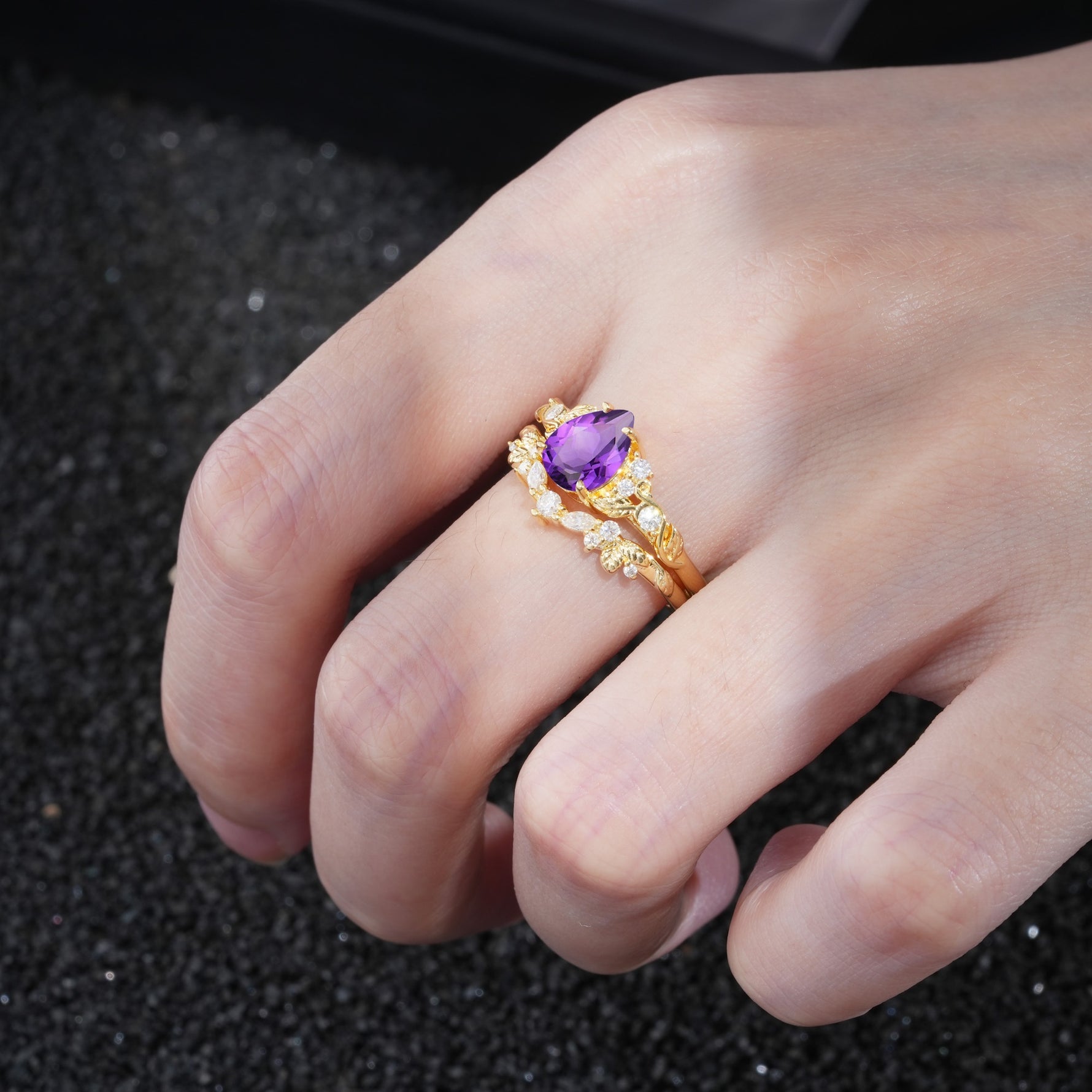 Vintage Pear Cut Amethyst Bridal Ring Set - Additional view