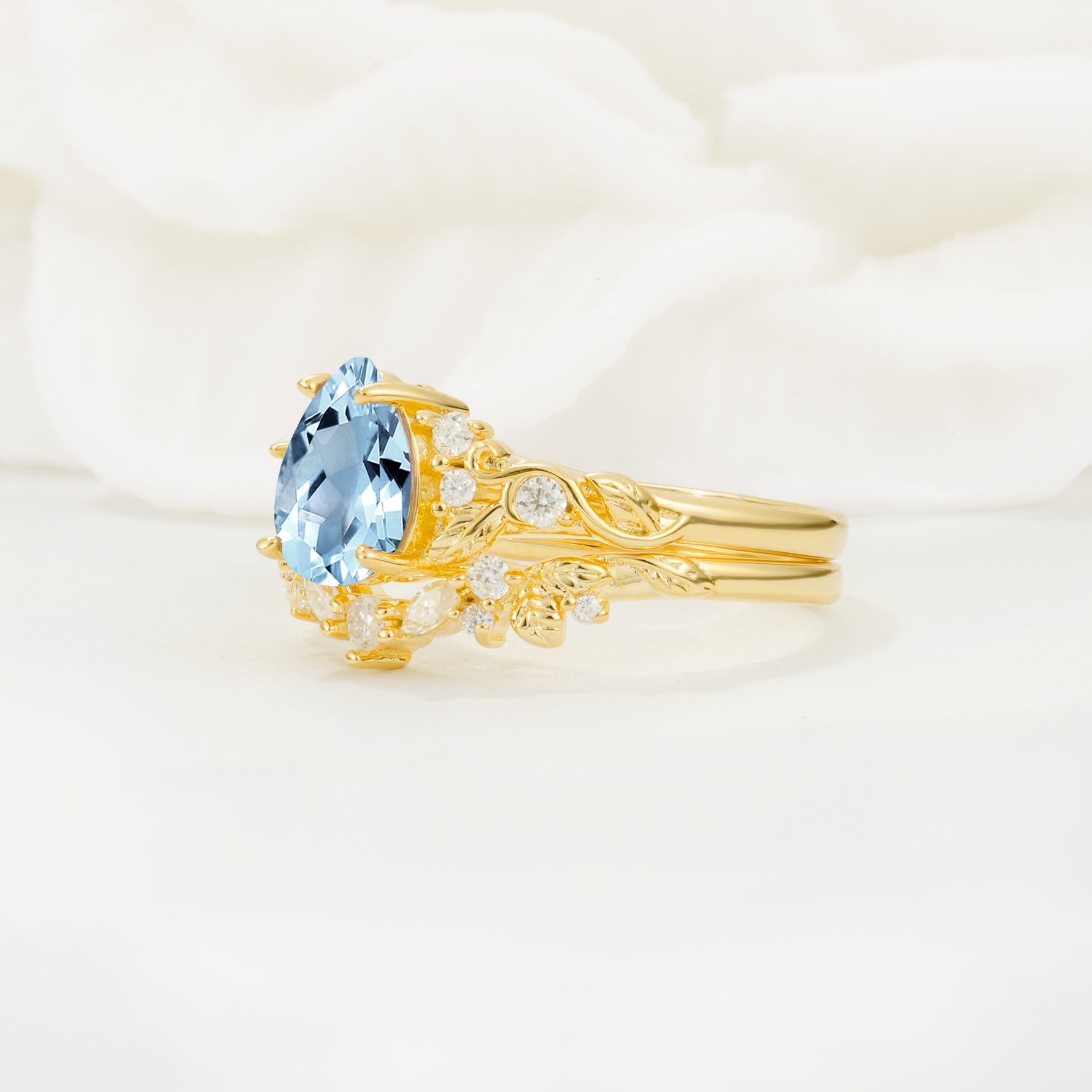 Vintage Pear Cut Aquamarine Bridal Ring Set - Rose-Gold