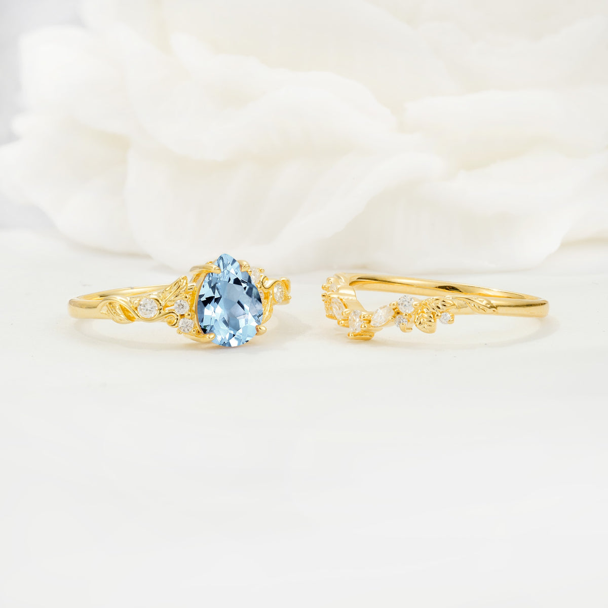 Vintage Pear Cut Aquamarine Bridal Ring Set - White-Gold