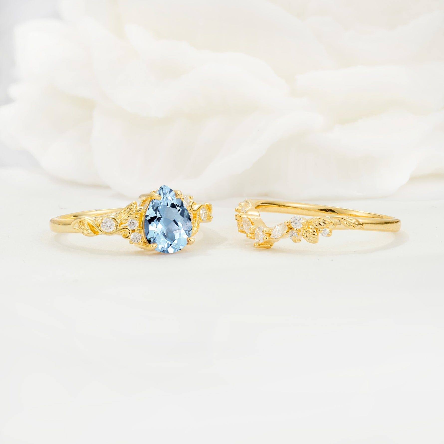 Vintage Pear Cut Aquamarine Bridal Ring Set - White-Gold
