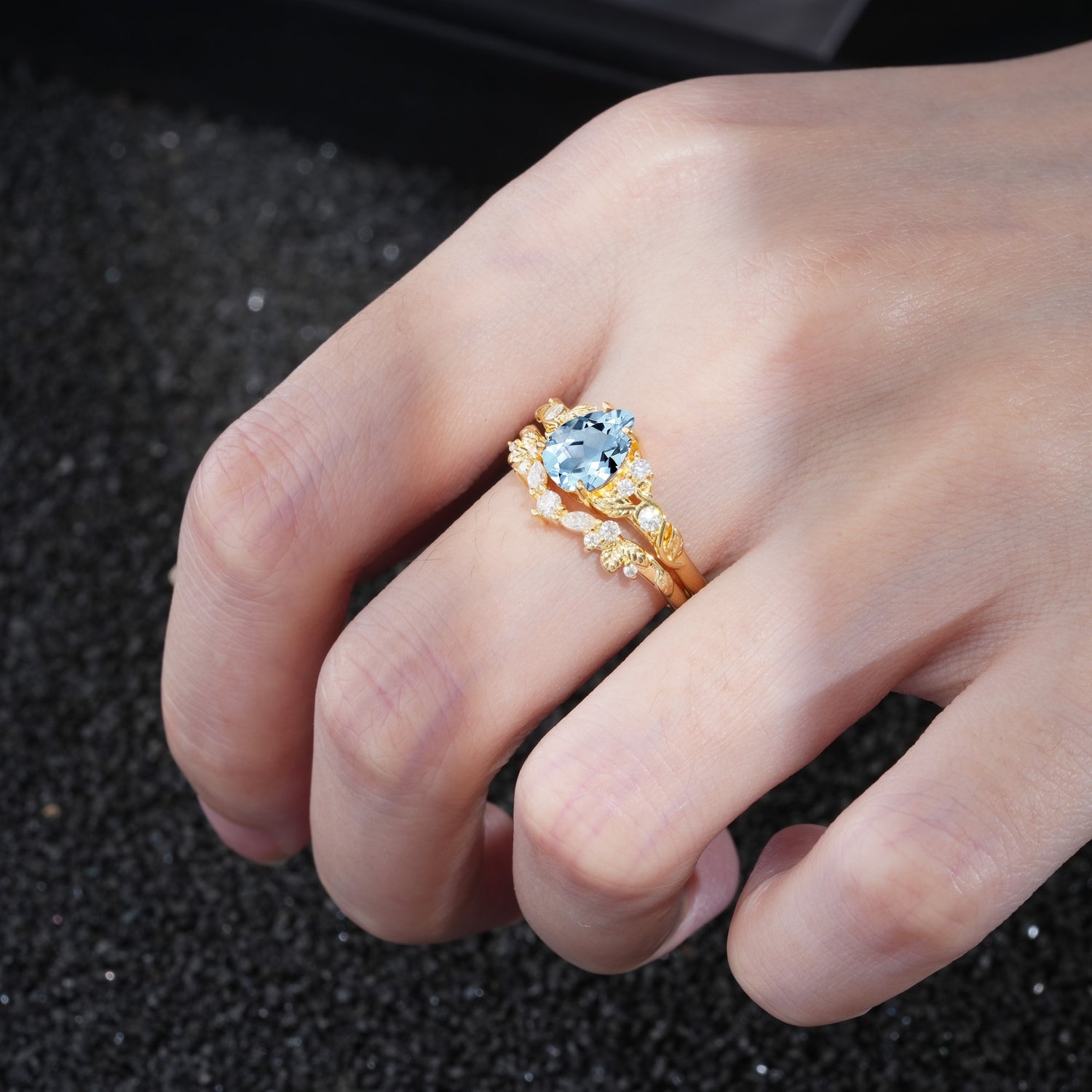 Vintage Pear Cut Aquamarine Bridal Ring Set - Additional view