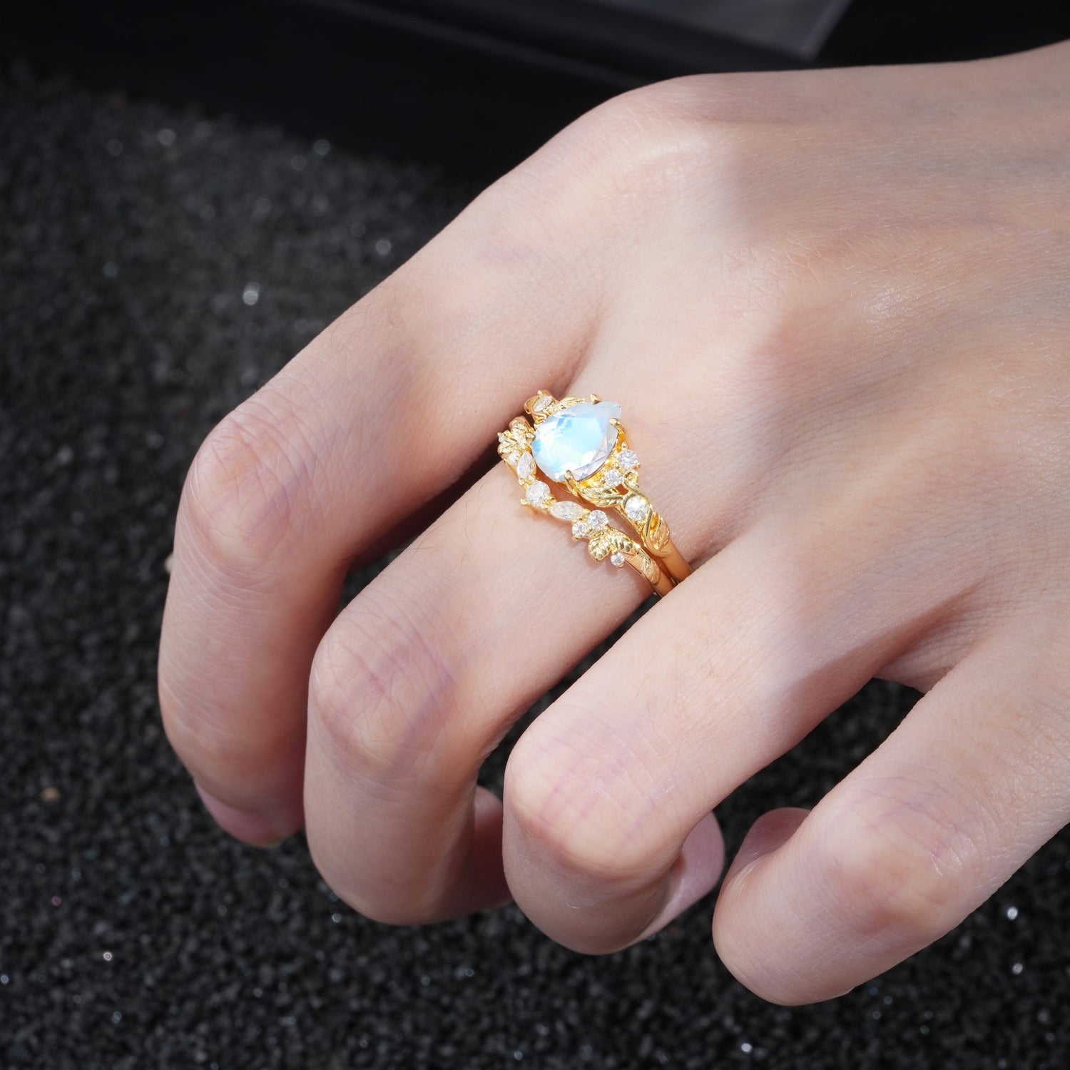 Vintage Pear Cut Moonstone Bridal Ring Set - Additional view