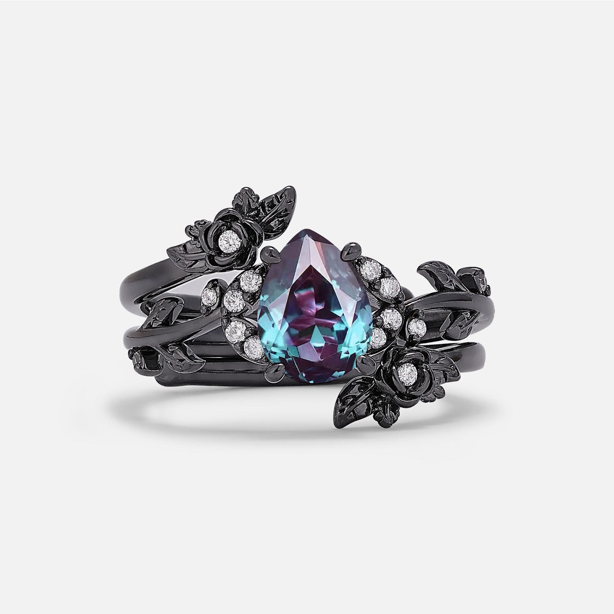 Halloween Pear Cut Alexandrite Floral Vine Bridal Ring Set