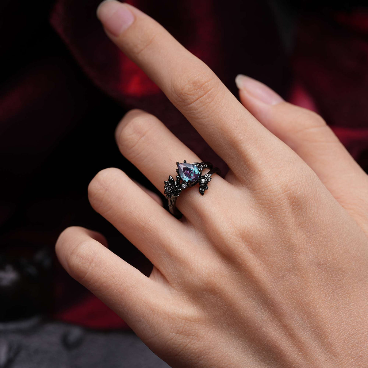 Halloween Pear Cut Alexandrite Floral Vine Bridal Ring Set