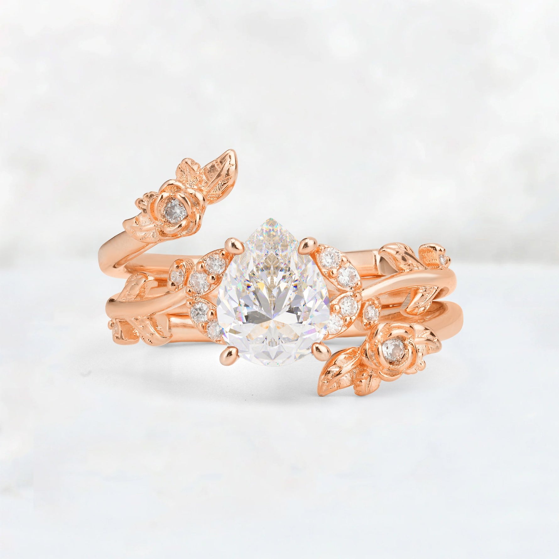 Pear Cut Moissanite Floral Vine Bridal Ring Set - Additional view