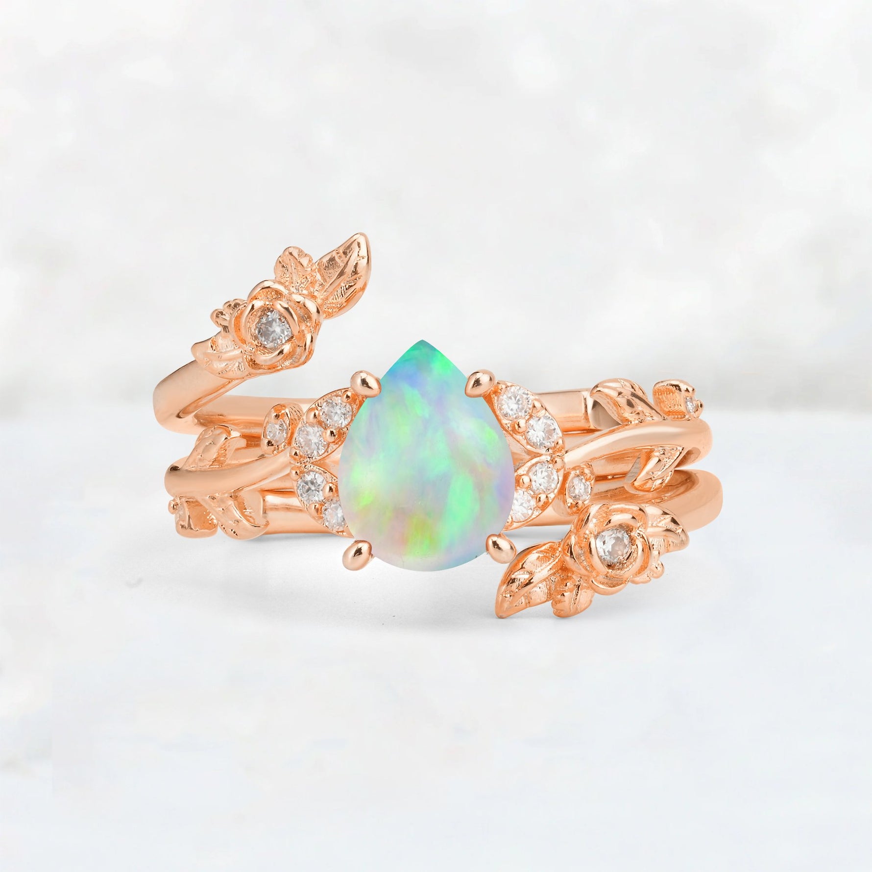 Pear Cut Fire Opal Floral Vine Bridal Ring Set - Additional view