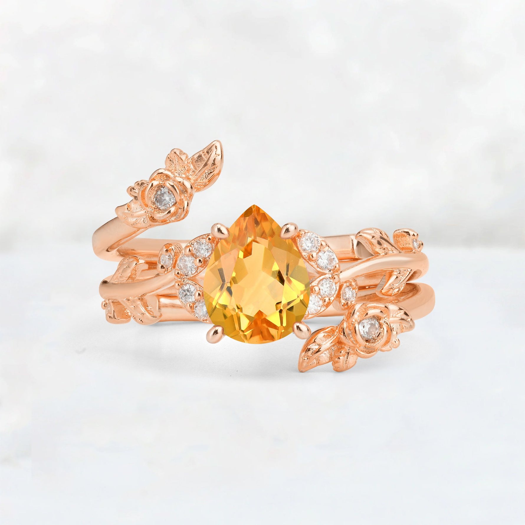 Pear Cut Citrine Floral Vine Bridal Ring Set - Additional view