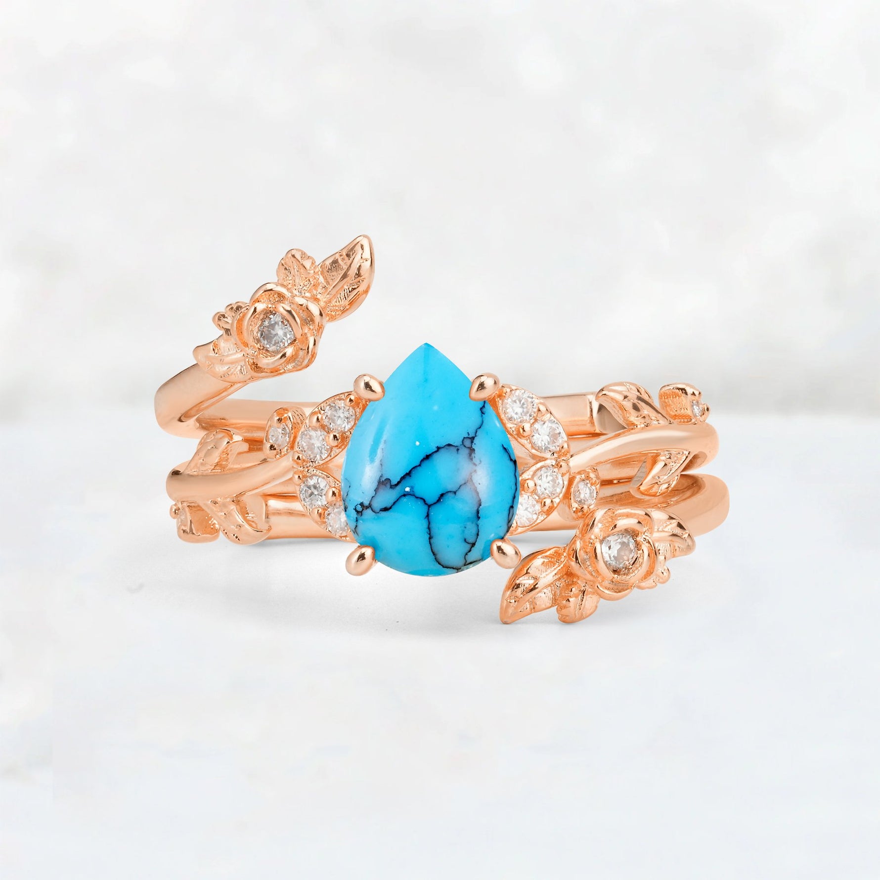 Pear Cut Turquoise Floral Vine Bridal Ring Set - Additional view