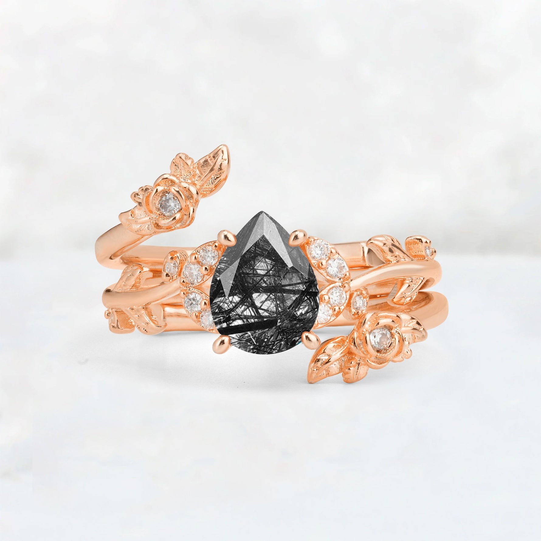 Pear Cut Black Rutilated Quartz Floral Vine Bridal Ring Set - Additional view