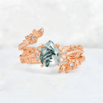 Pear Cut Moss Agate Floral Vine Bridal Ring Set - Additional view