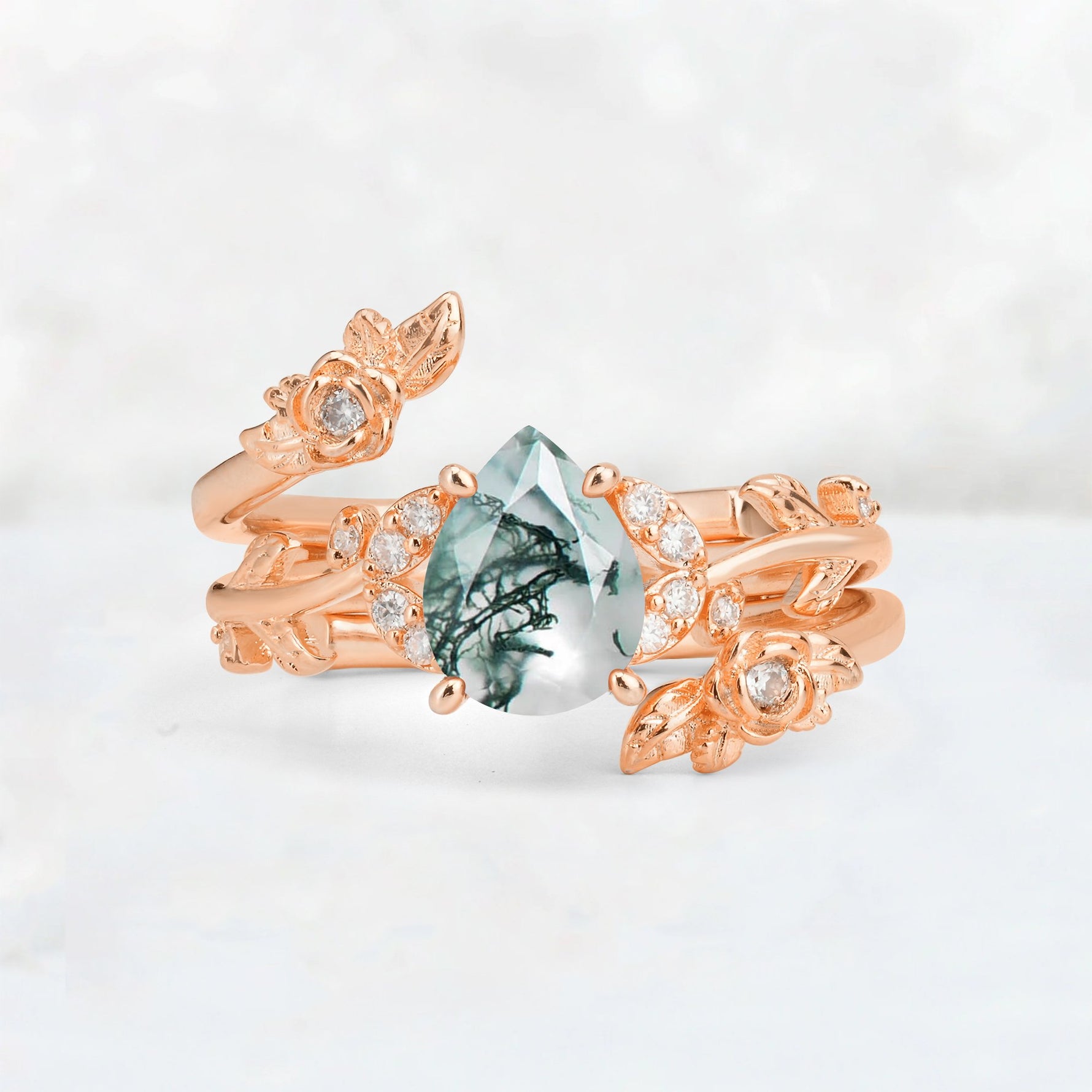 Pear Cut Moss Agate Floral Vine Bridal Ring Set - Additional view